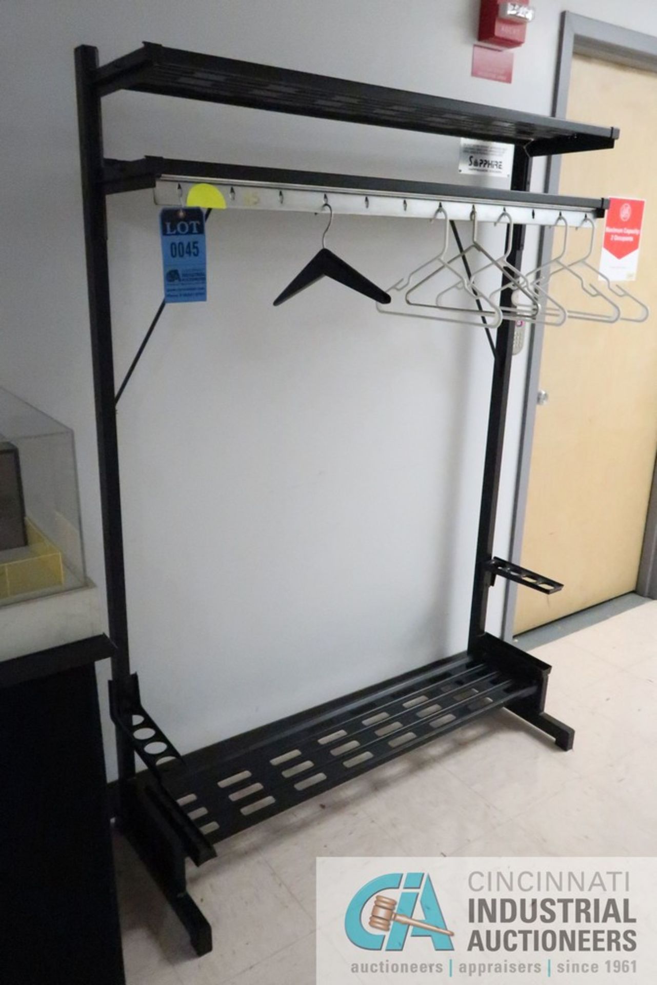 (LOT) (1) 2-DOOR METAL CABINET ON WHEELS, (1) METAL COAT RACK