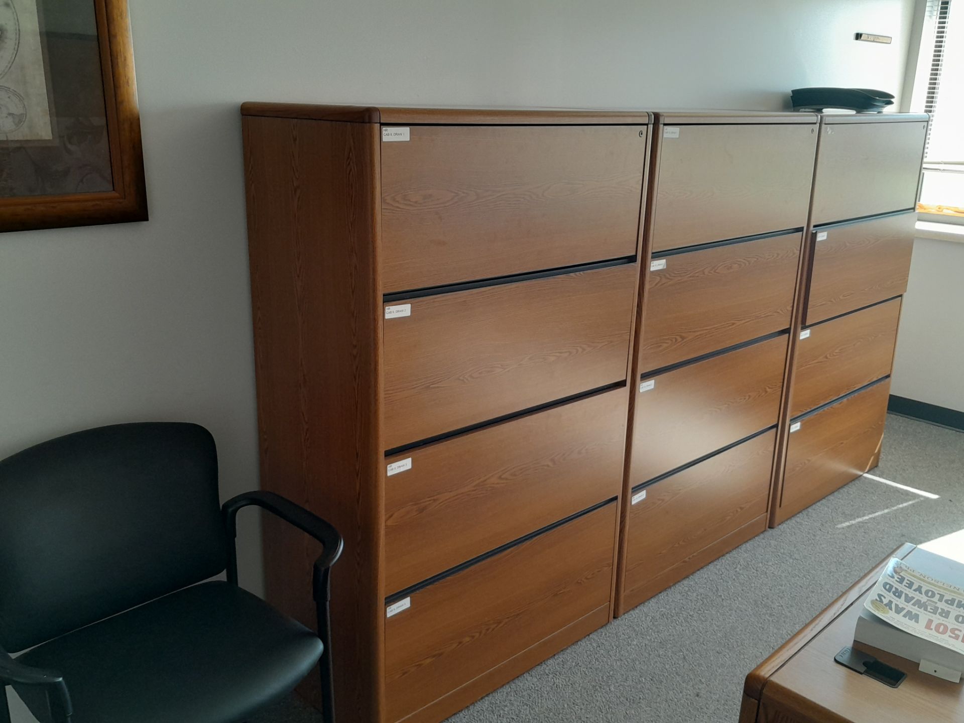 72" X 96" L-SHAPED DESK, (3) 4-DRAWER LATERAL CABINETS, (1) BOOK CASE, (3) CHAIRS - Image 2 of 3