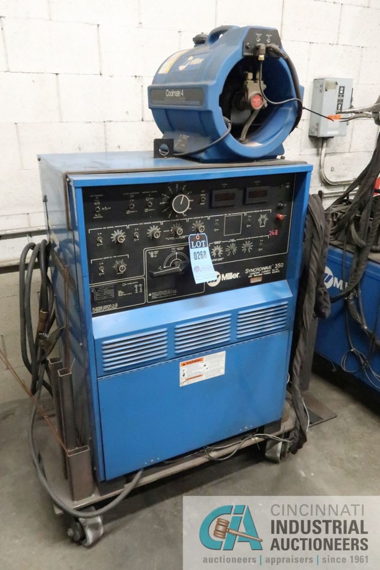 MILLER TIG WELDER, SYNCROWAVE 350, WITH CHILLER, ON HEAVY DUTY ROLLING CART