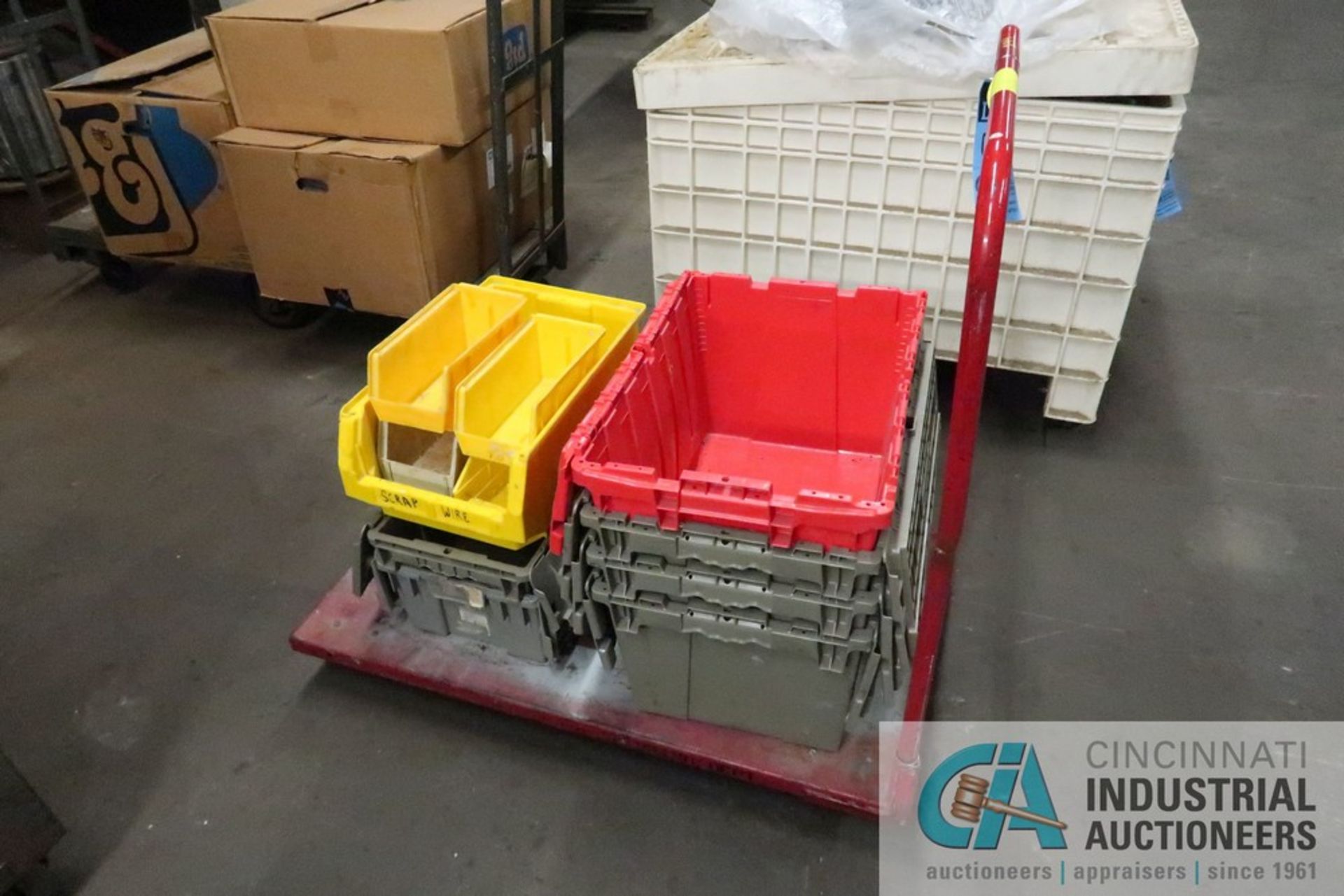 (LOT) PLASTIC TOTES, ARKO BINS WITH CART