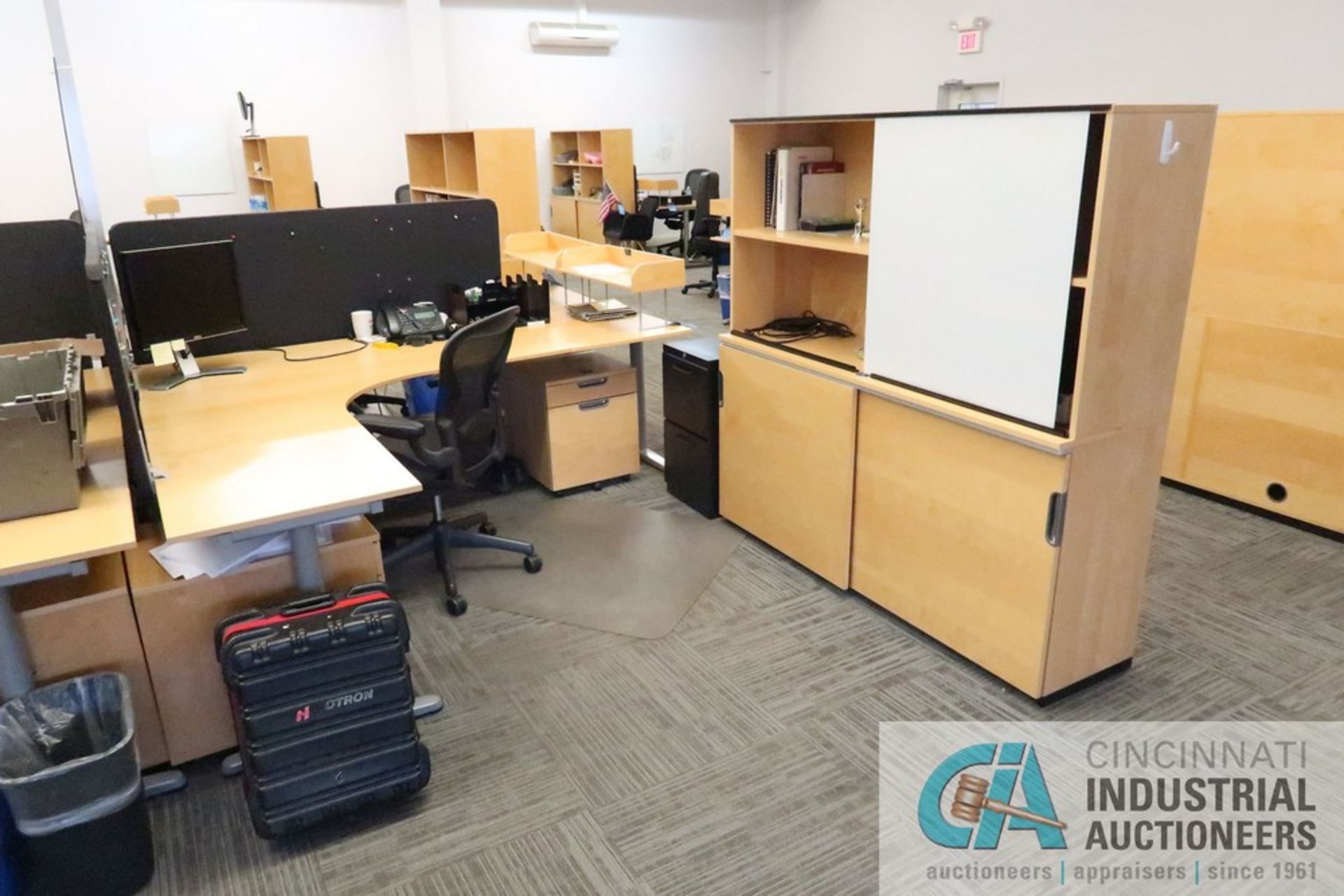 79" X 86" X 24" GALANT L-SHAPED DESK, (1) 3-DRAWER CABINET, (2) 2-DOOR CABINETS, (1) BOOKCASE WITH