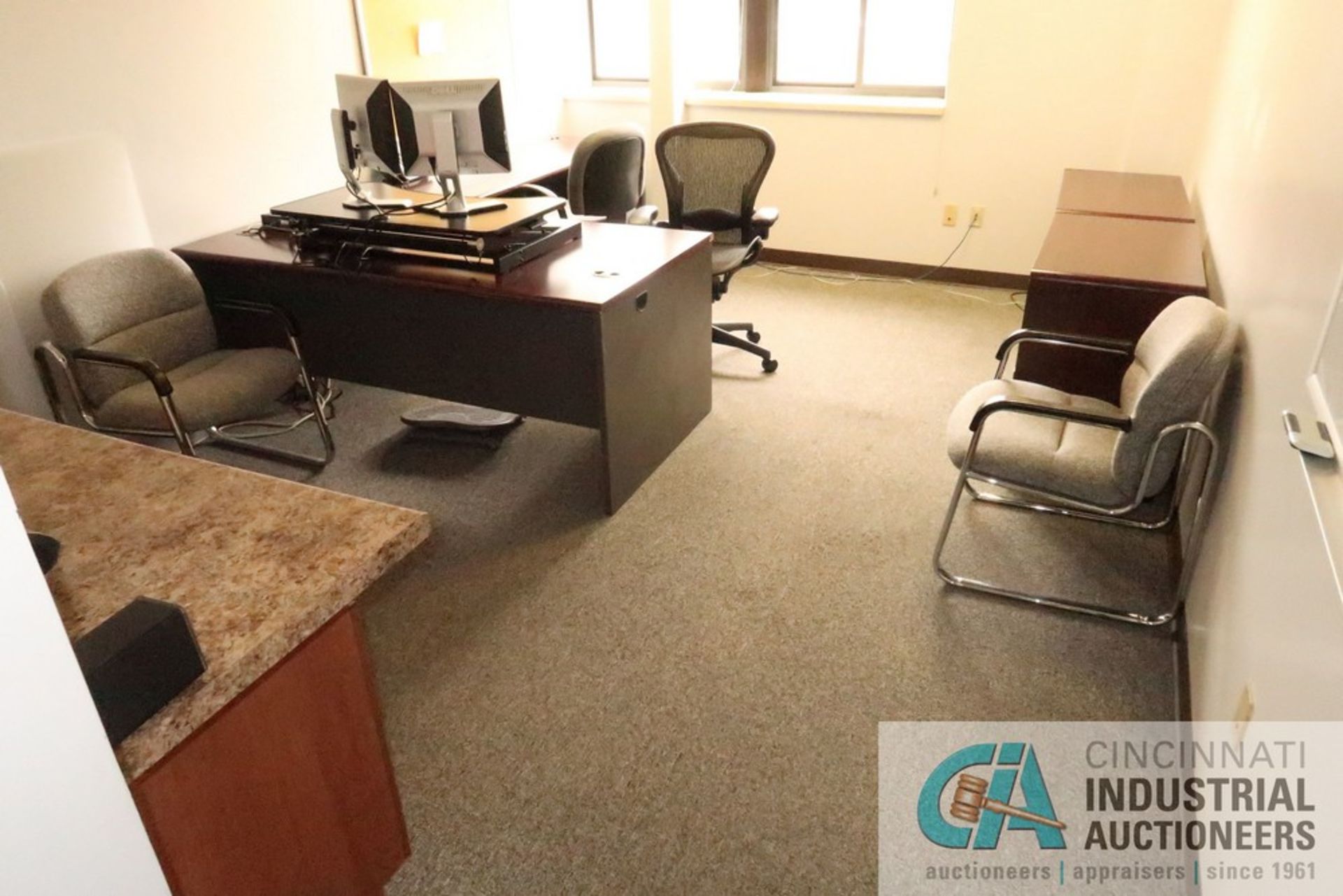 72" X 36" DESK, 72" X 24" RETURN, (2) 2-DRAWER LATERAL FILES, (2) EXECUTIVE CHAIRS, (1) SIDE CHAIR