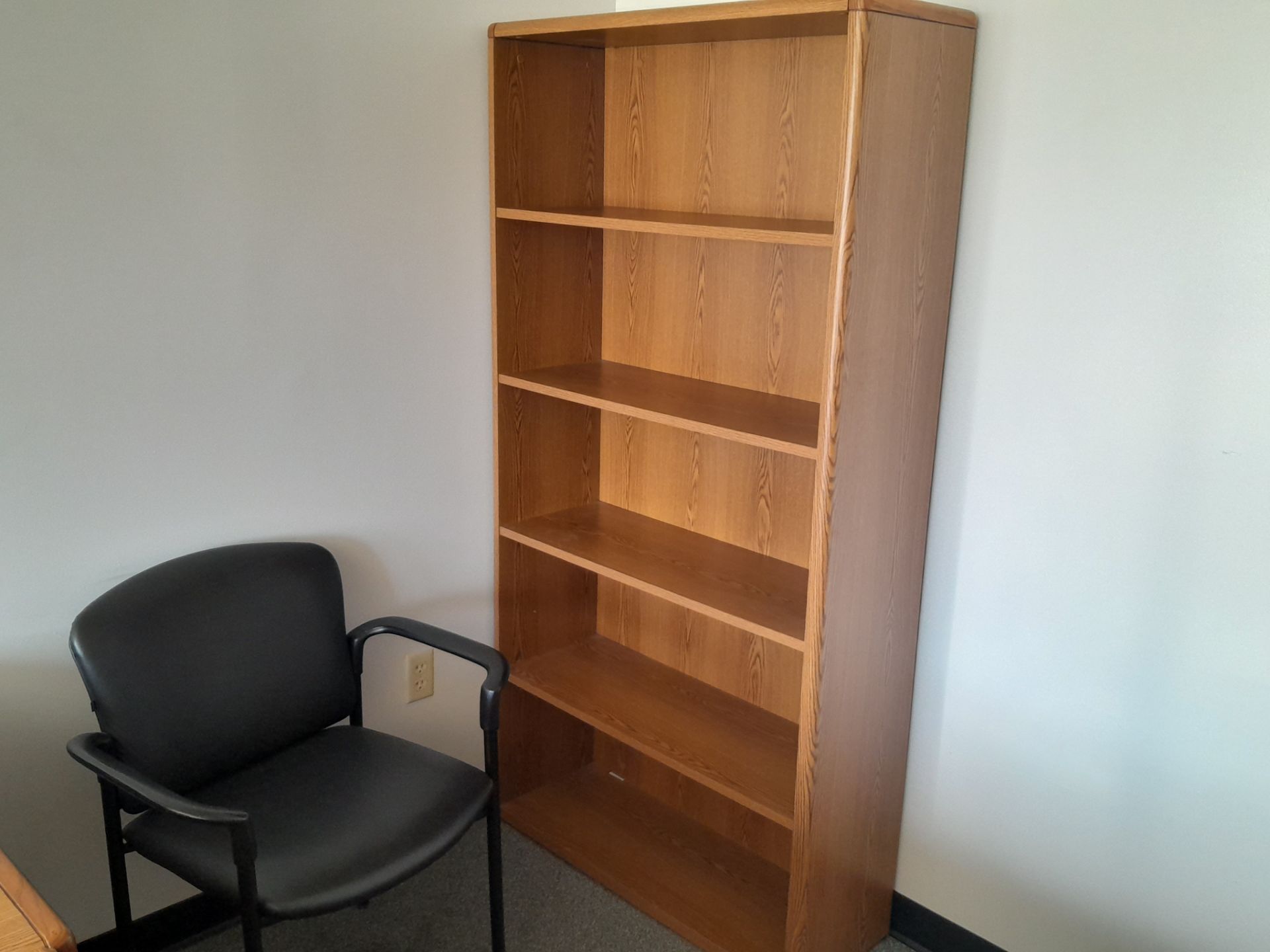 72" X 96" L-SHAPED DESK, (3) 4-DRAWER LATERAL CABINETS, (1) BOOK CASE, (3) CHAIRS - Image 3 of 3