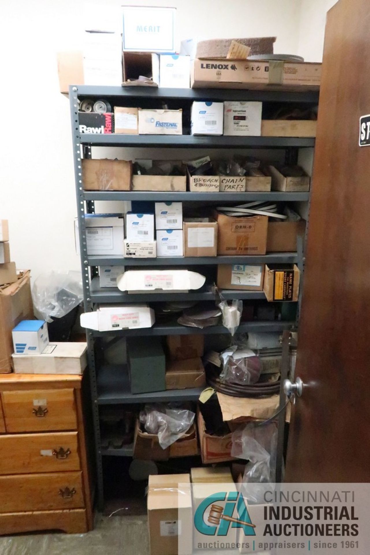 CONTENTS OF STORAGE ROOM - MISCELLANEOUS MACHINE TOOLING, PERISHABLES, ABRASIVES, OFFICE SUPPLIES,