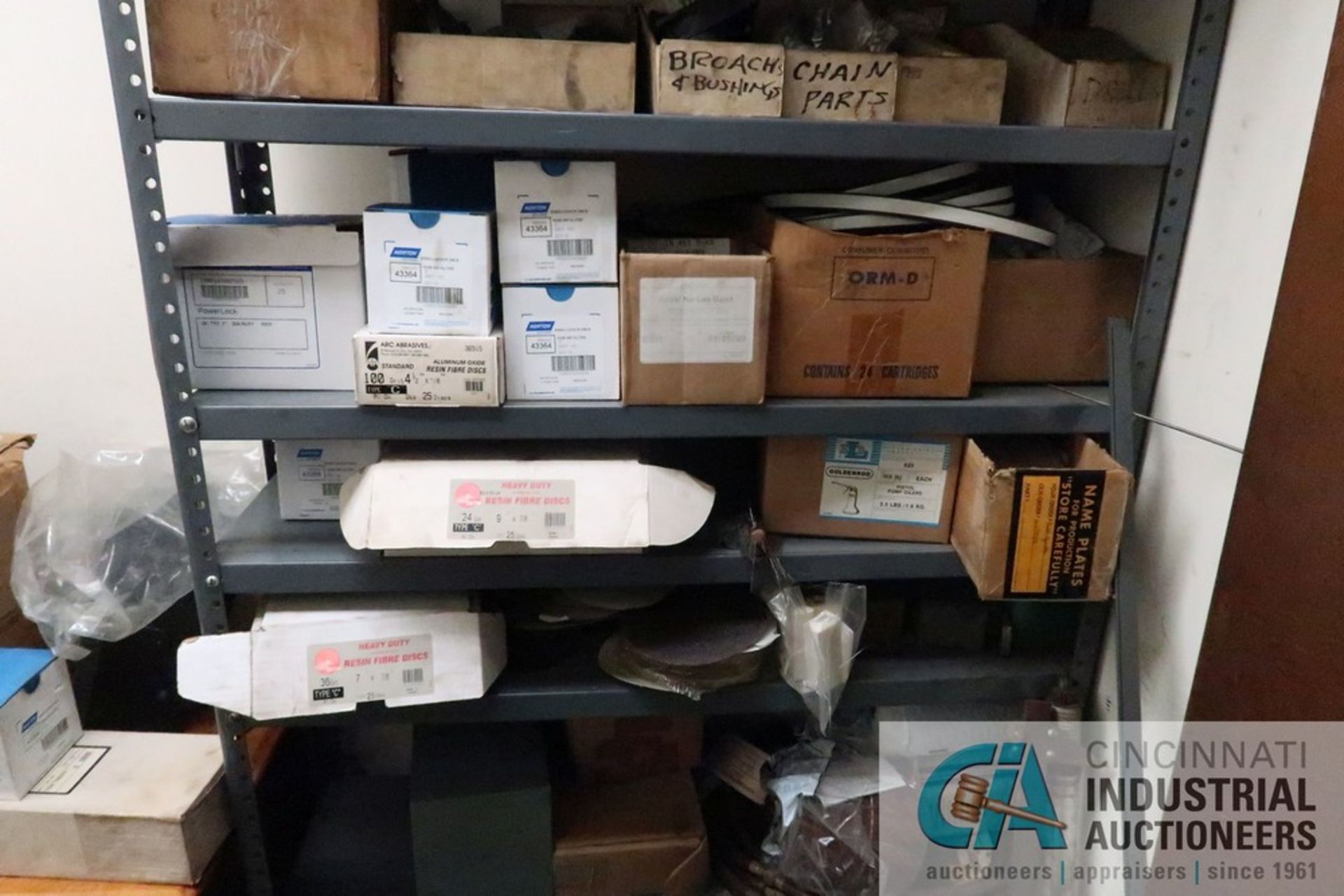 CONTENTS OF STORAGE ROOM - MISCELLANEOUS MACHINE TOOLING, PERISHABLES, ABRASIVES, OFFICE SUPPLIES, - Image 3 of 7