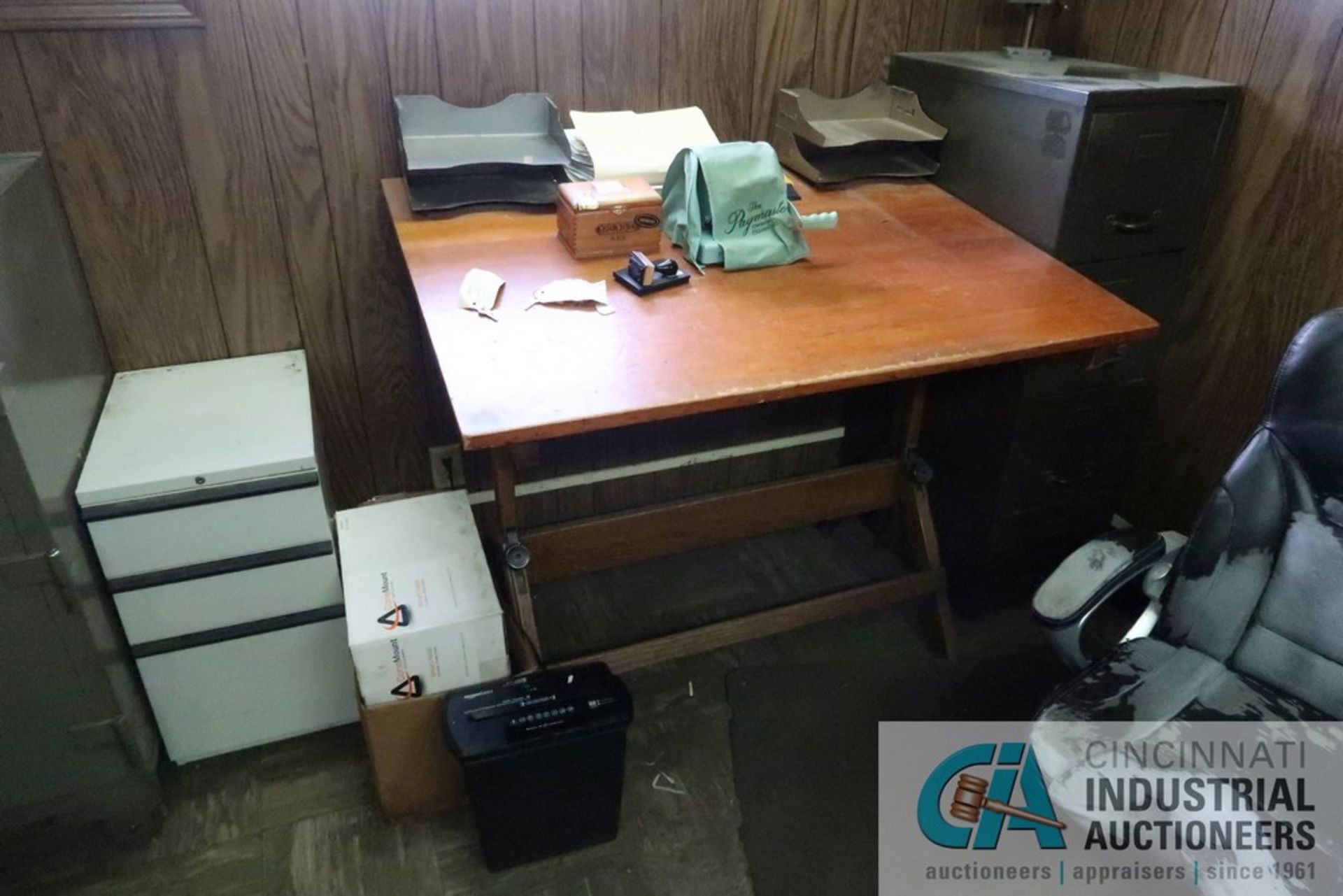 CONTENTS OF OFFICE DRAFTING TABLE, (3) CABINETS