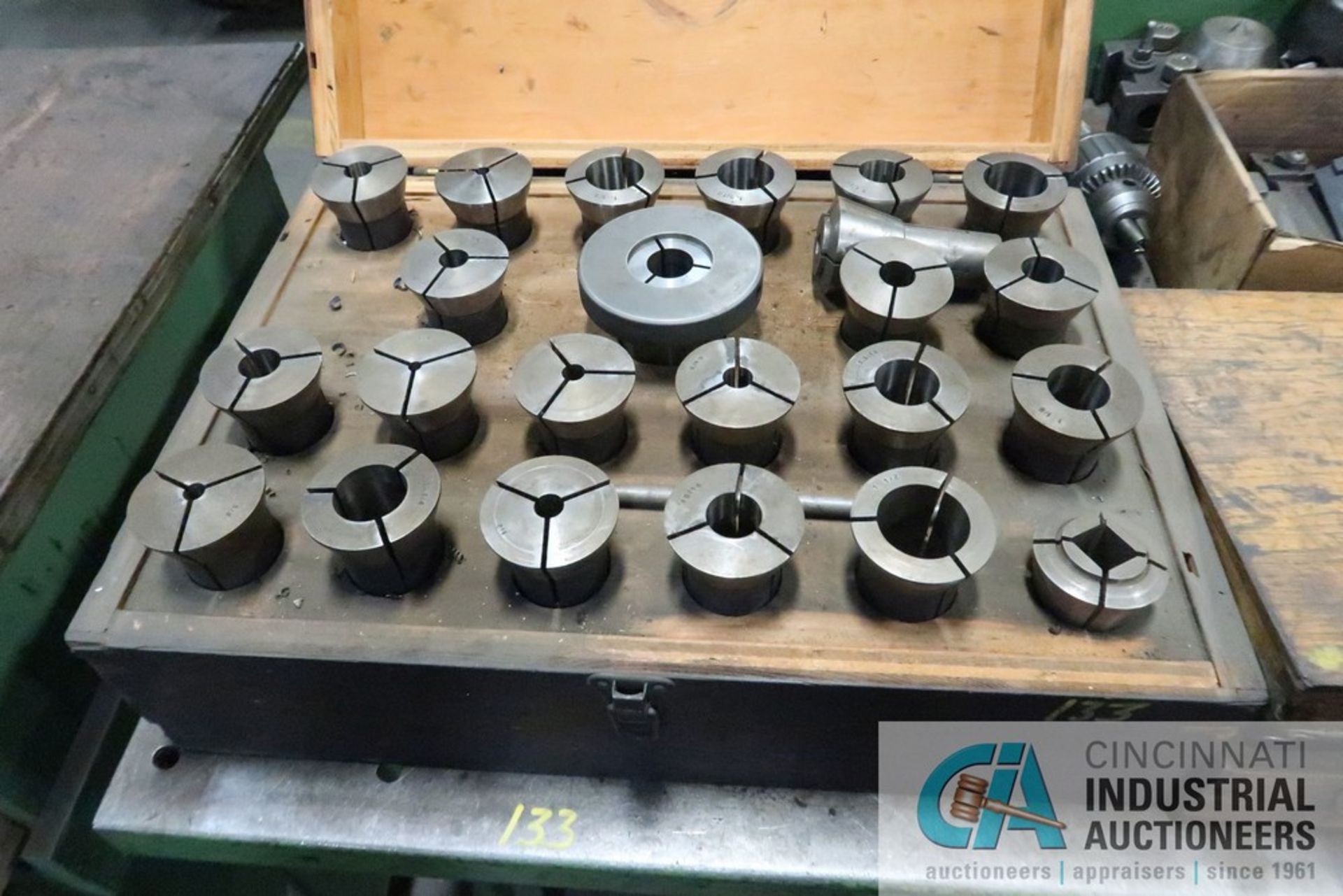 (LOT) BENCH WITH TOOLING; RADII CUTTER, COLLETS, TOOL POST, 8" 3-JAW CHUCK, LATHE TOOLING - Image 5 of 5