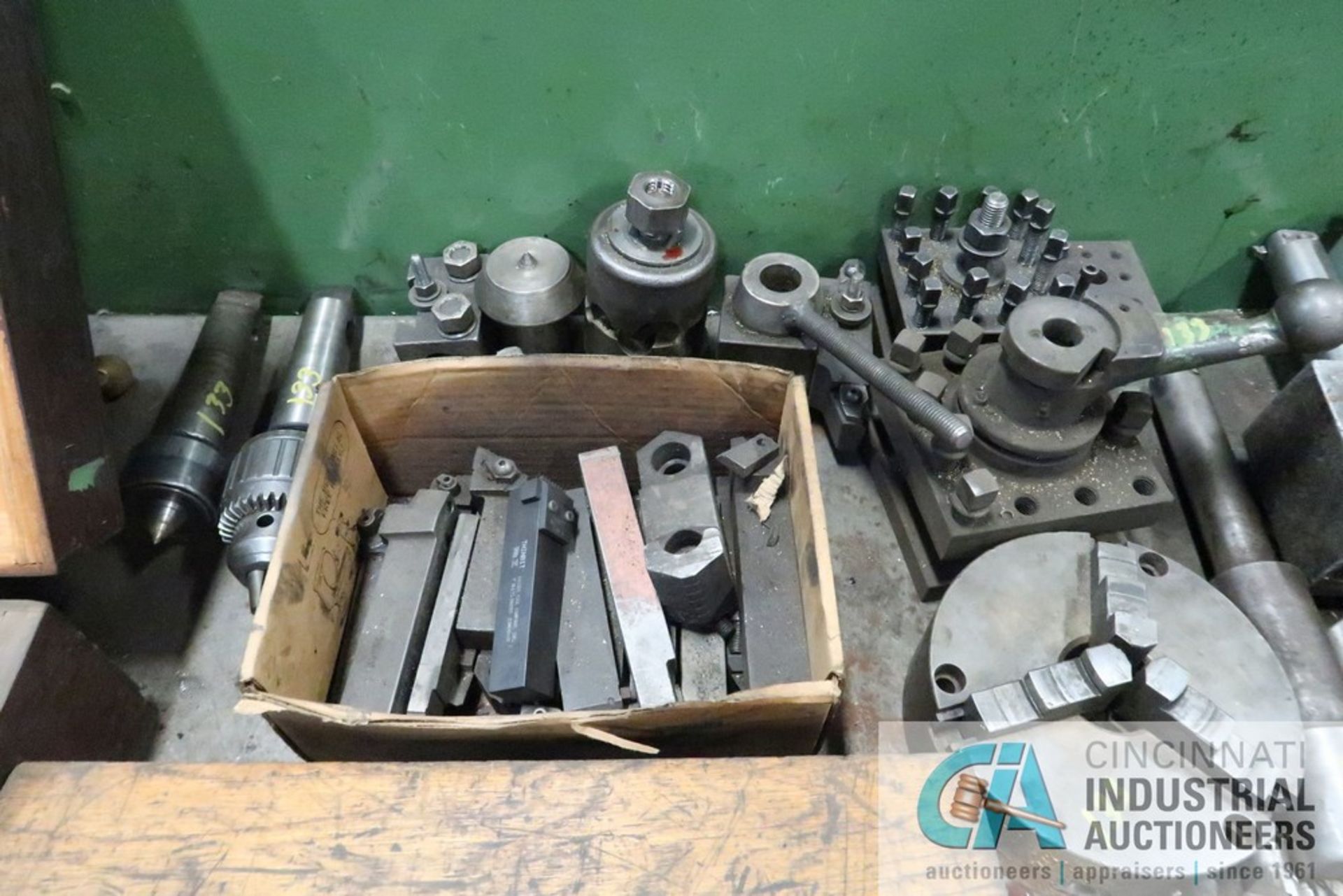 (LOT) BENCH WITH TOOLING; RADII CUTTER, COLLETS, TOOL POST, 8" 3-JAW CHUCK, LATHE TOOLING - Image 3 of 5