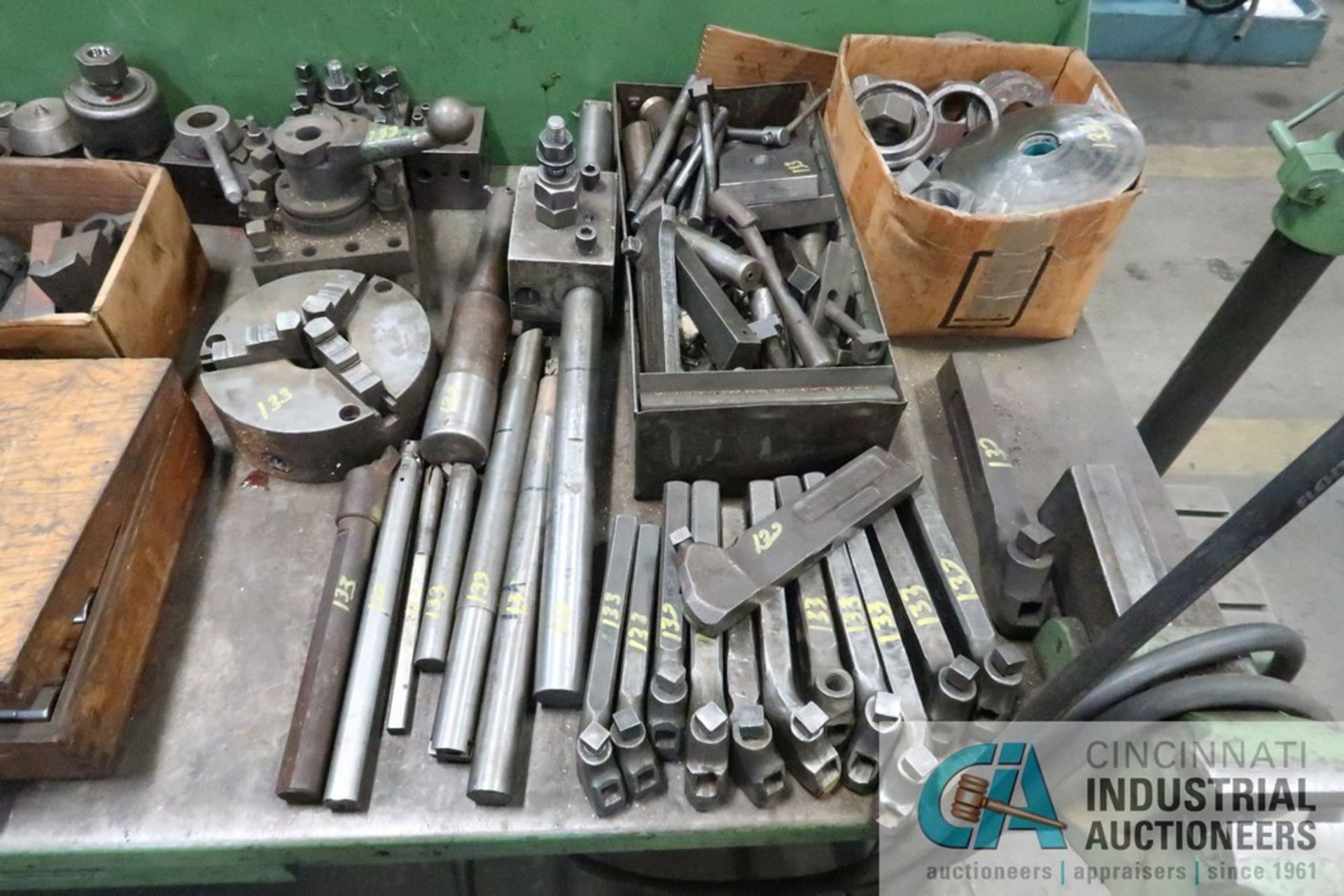 (LOT) BENCH WITH TOOLING; RADII CUTTER, COLLETS, TOOL POST, 8" 3-JAW CHUCK, LATHE TOOLING - Image 2 of 5