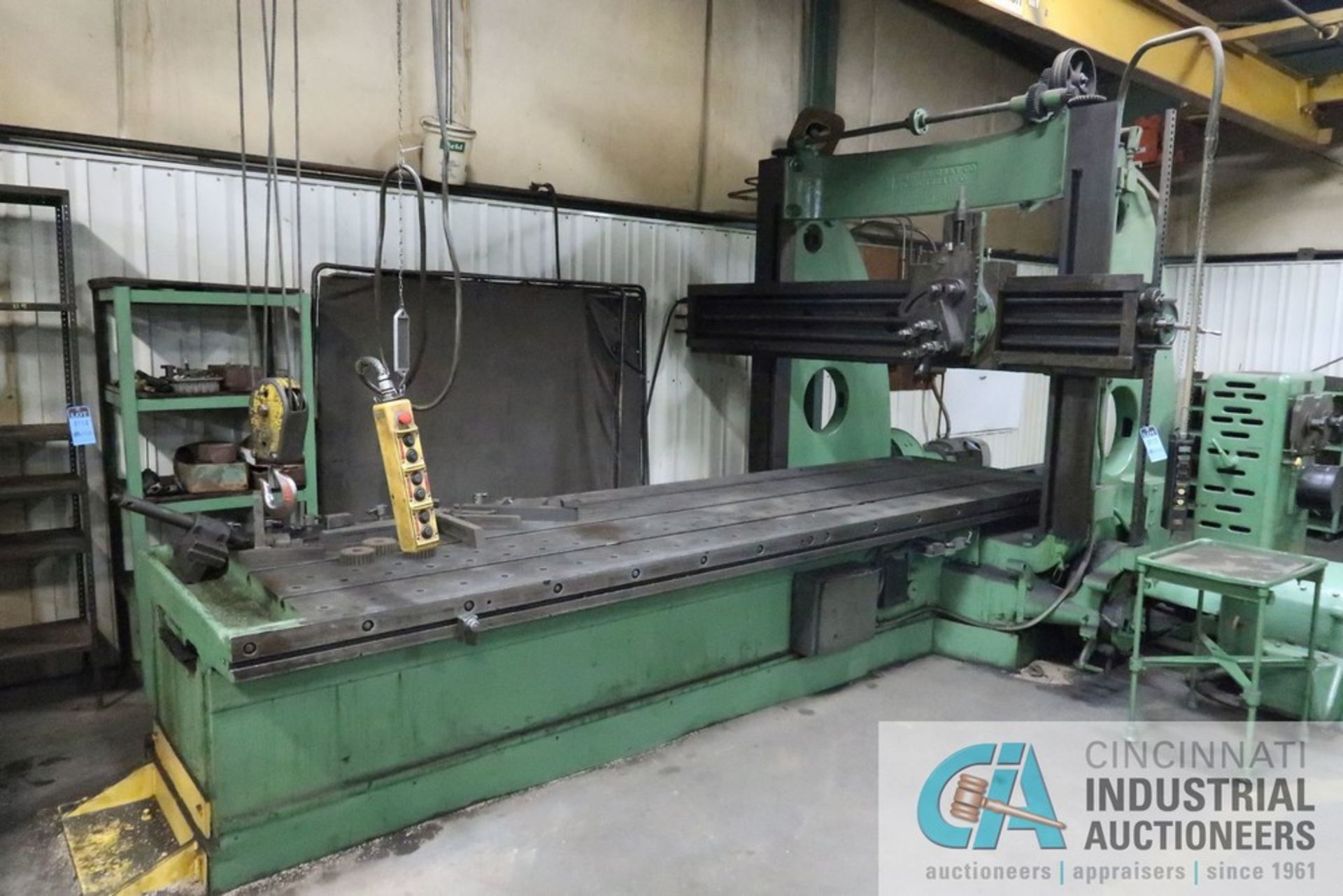 GRAY BRIDGE TYPE PLANER MILL; S/N 387, 72" BETWEEN SIDE FRAMES, 49-1/2" X 168" TABLE, 20 HP, WIDENED