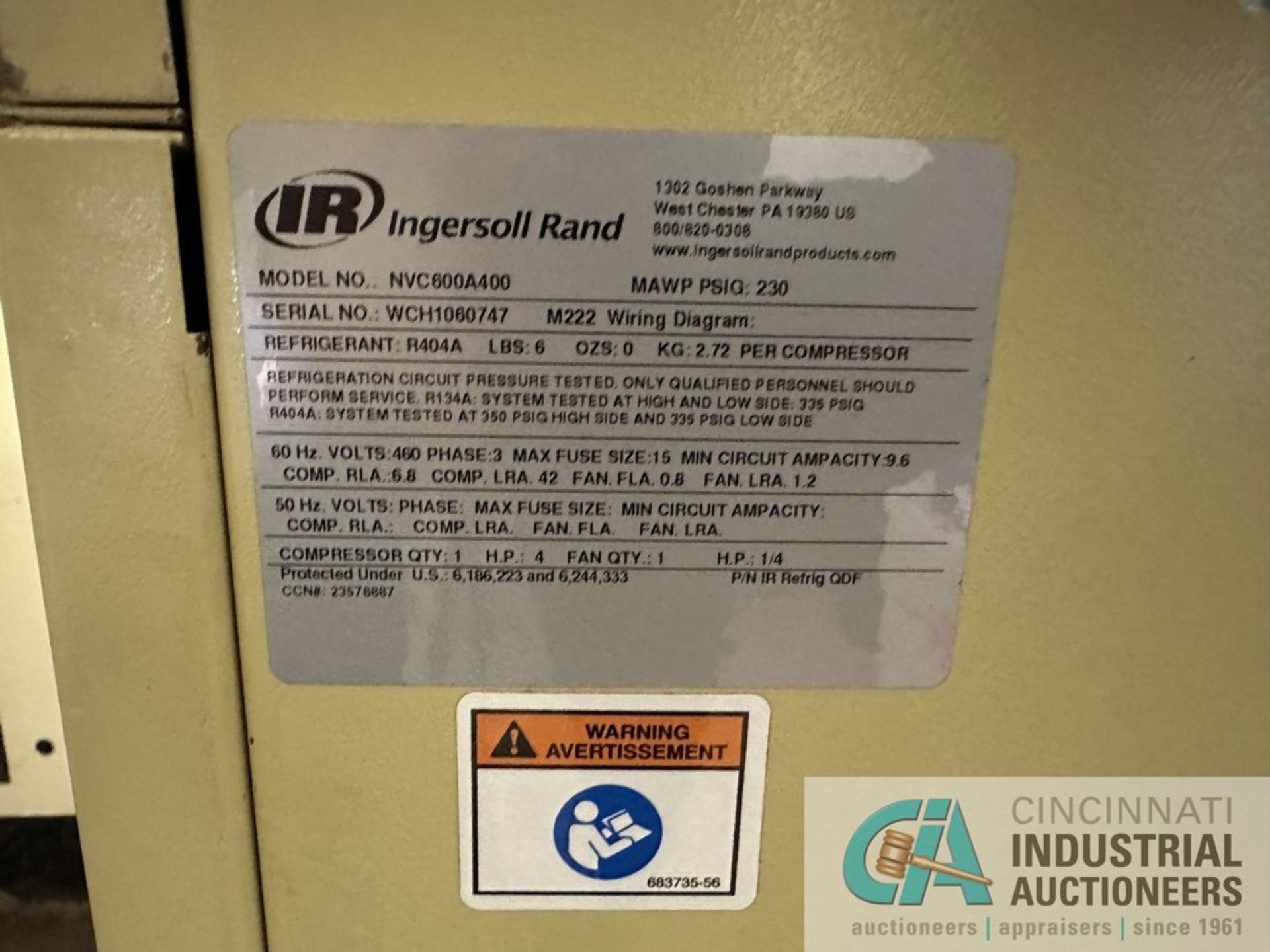 INGERSOLL RAND MODEL NVC600A400 AIR DRYER; S/N WCH1060747, INSTALLED 2022 - Located in air - Image 3 of 5