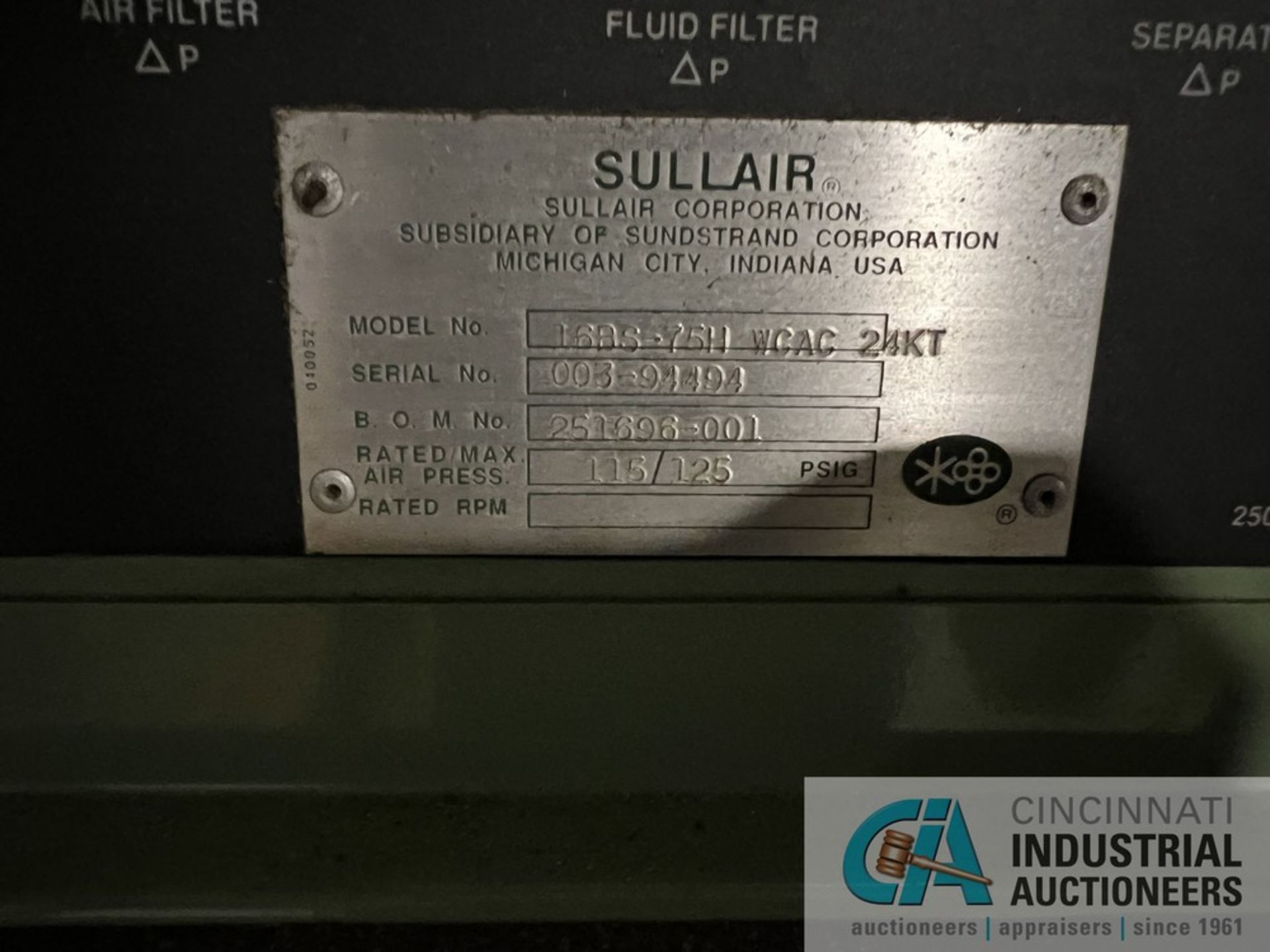 75 HP SULLAIR MODEL 16BS-75HWCAC 24KT AIR COMPRESSOR; S/N 003-94494, WAS RUNNING COMPRESSOR UNTIL - Image 4 of 6