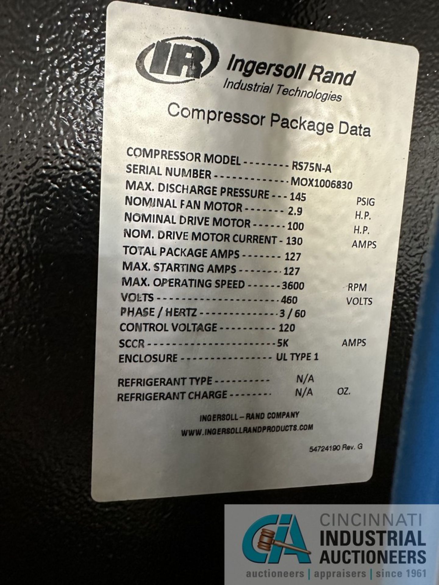 100 HP INGERSOLL RAND MODEL RS75N-A AIR COMPRESSOR; S/N MOX1006830, 145 PSIG, 6,247 POWER ON, 3, - Image 4 of 14