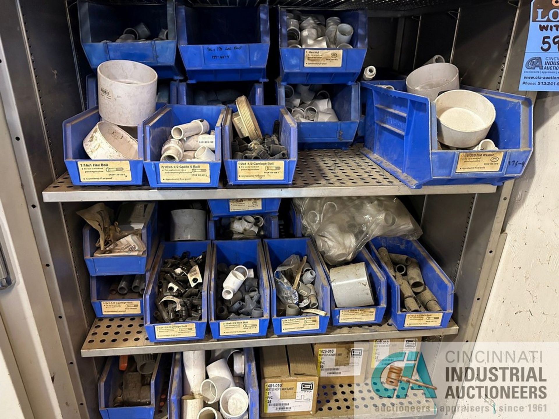 (LOT) MISCELLANEOUS PVC COUPLINGS AND CONNECTORS SPOOLED WIRE AND IRRIGATION HARDWARE WITH STORAGE - Image 12 of 14