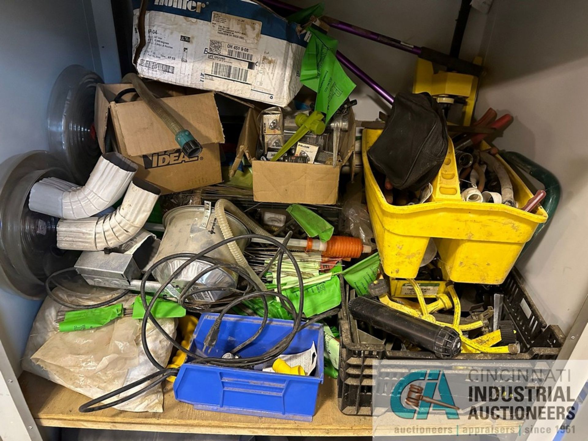 (LOT) MISCELLANEOUS PVC COUPLINGS AND CONNECTORS SPOOLED WIRE AND IRRIGATION HARDWARE WITH STORAGE - Image 5 of 14