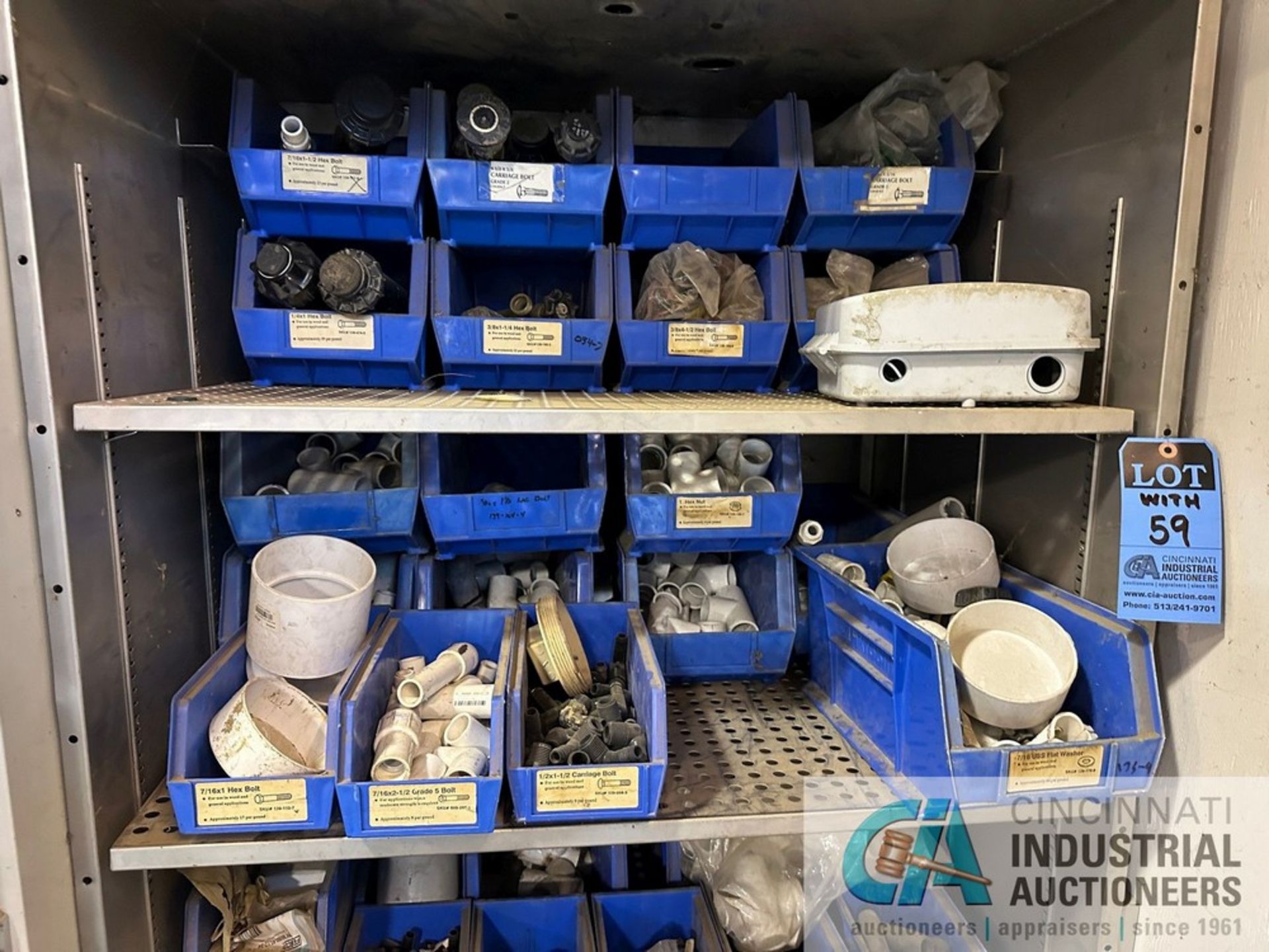 (LOT) MISCELLANEOUS PVC COUPLINGS AND CONNECTORS SPOOLED WIRE AND IRRIGATION HARDWARE WITH STORAGE - Image 13 of 14