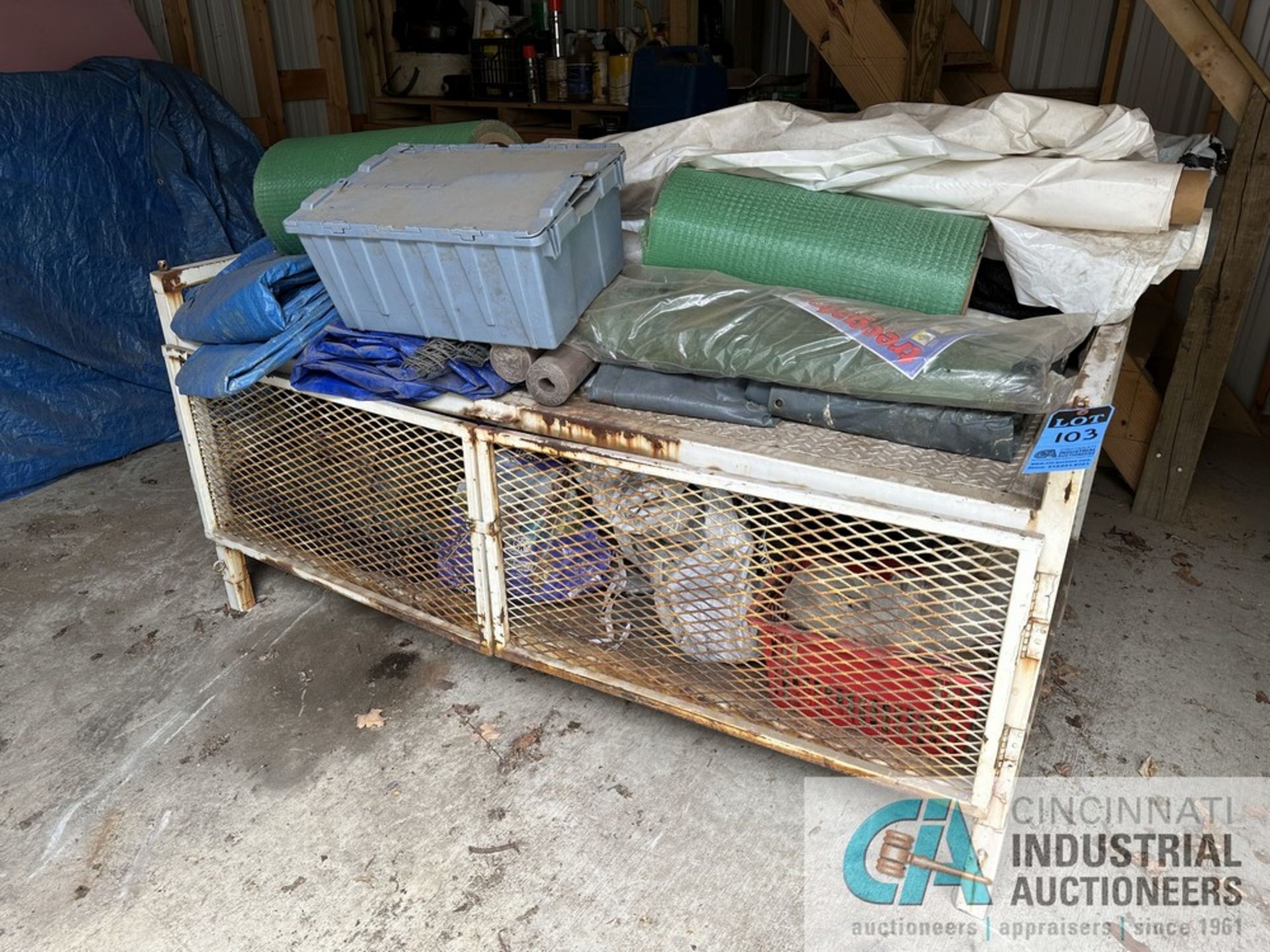 STEEL WIRE GRATED STORAGE BOX WITH MISCELLANEOUS TARPS *LOCATED IN SHED AT REAR OF BUILDING*