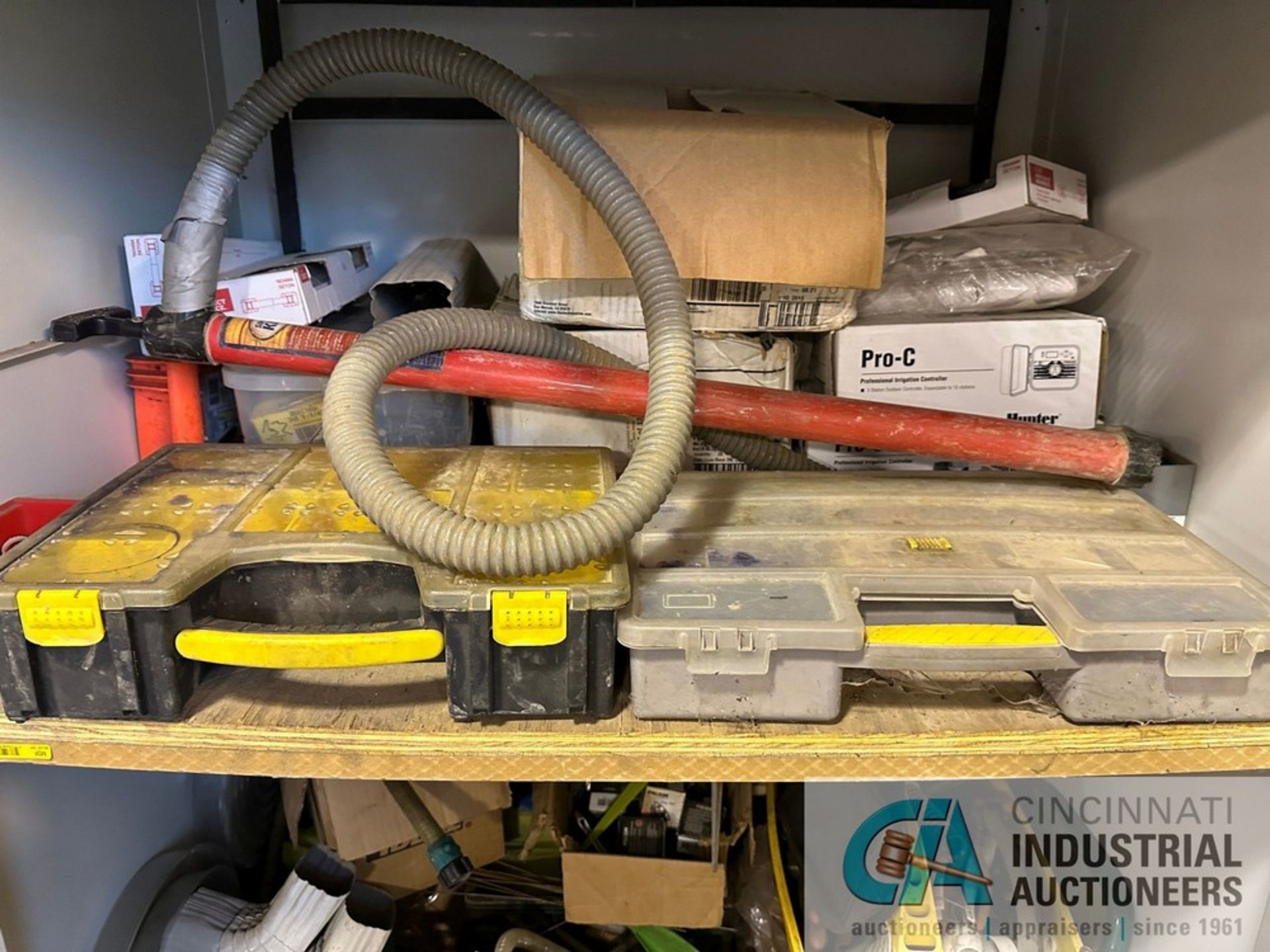 (LOT) MISCELLANEOUS PVC COUPLINGS AND CONNECTORS SPOOLED WIRE AND IRRIGATION HARDWARE WITH STORAGE - Image 6 of 14