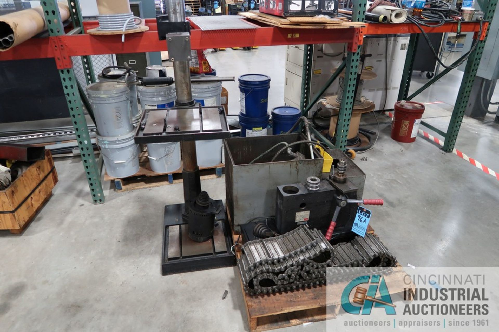 DAYTON MODEL 3Z919F DRILL PRESS, IN PIECES, BASE AND DRILL HEAD, METAL BELT CONVEYOR, COOLANT TANK