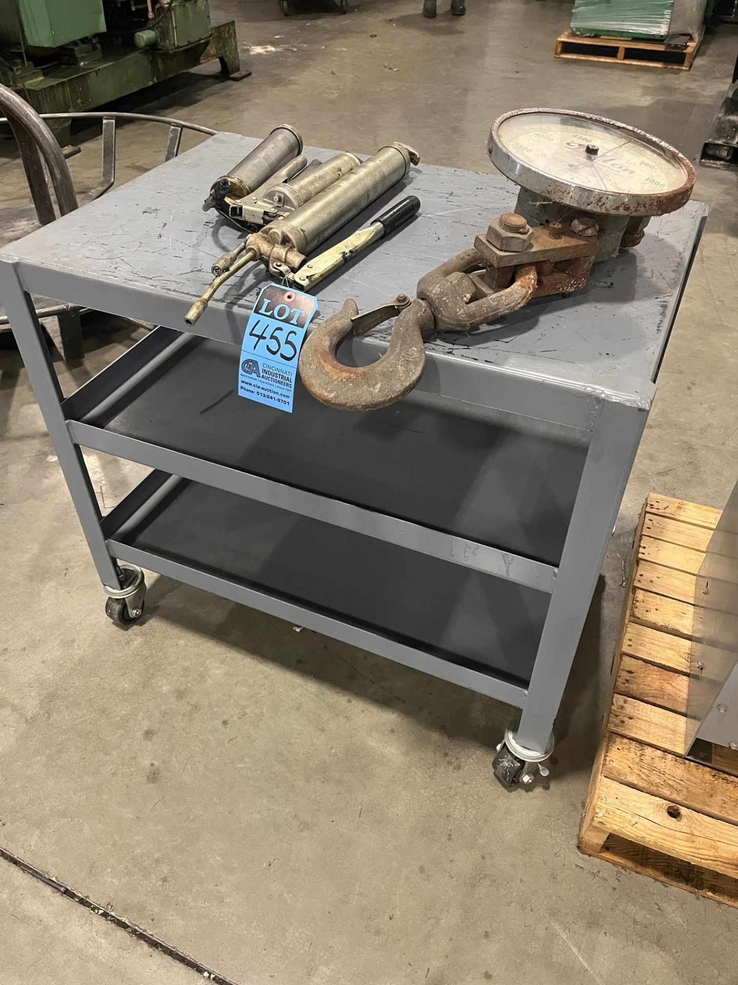 Rolling shop cart with 5000 lb Dillon Crane Scale; Grease Guns