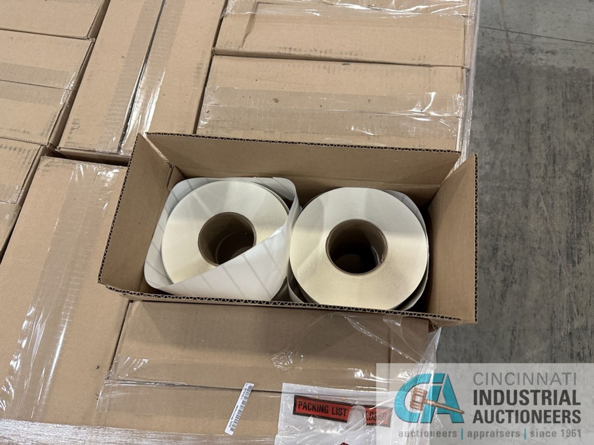 SKIDS OF SHIPPING ITEMS INCLUDING: ROLLS OF BLACK PLASTIC, LABELS, KRAFT PAPER, PLASTIC BARRIER - Image 34 of 44