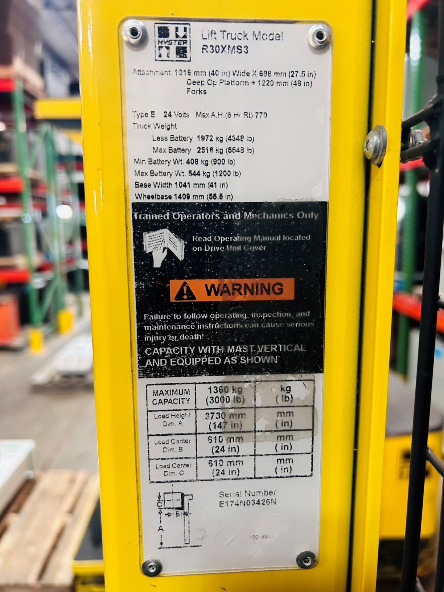 **2015 - 3,000 LB Hyster Model R30XMS3 Electric Order Picker; S/N E174N03426N, Charger Included** - Image 2 of 12