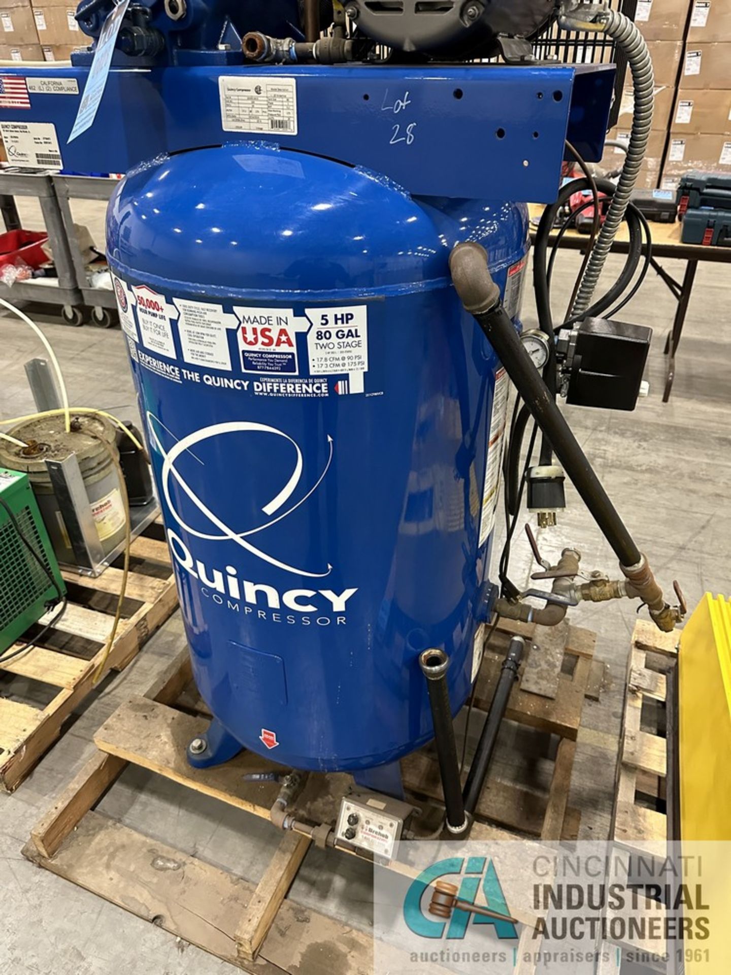 5 HP QUINCY MODEL QT-5 VERTICAL TANK AIR COMPRESSOR, SINGLE PHASE / 230 VOLT **$50.00 LOADING FEE** - Image 3 of 9