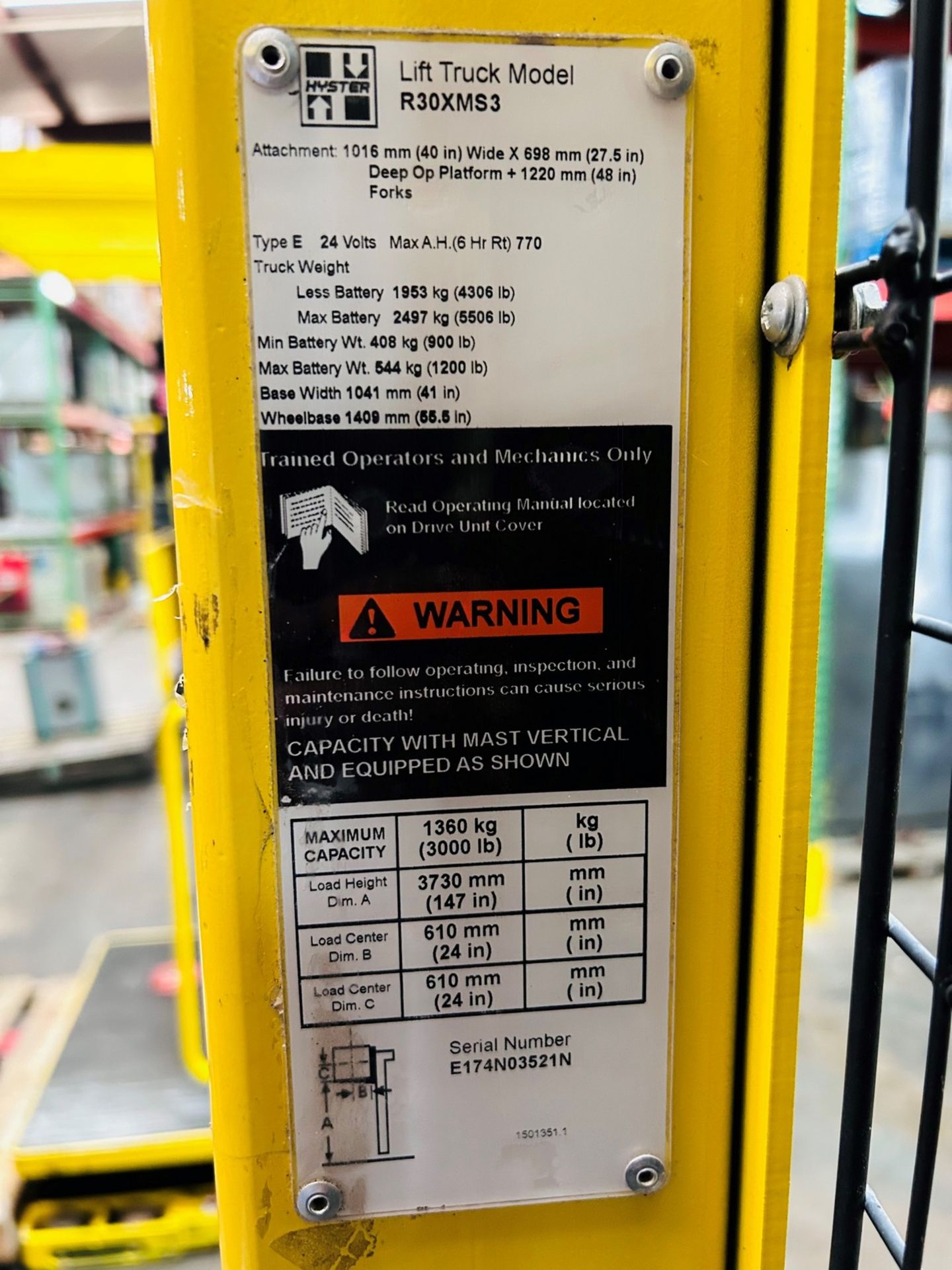 **2015 - 3,000 LB Hyster Model R30XMS3 Electric Order Picker; S/N E174N03521N, Charger Included** - Image 2 of 10