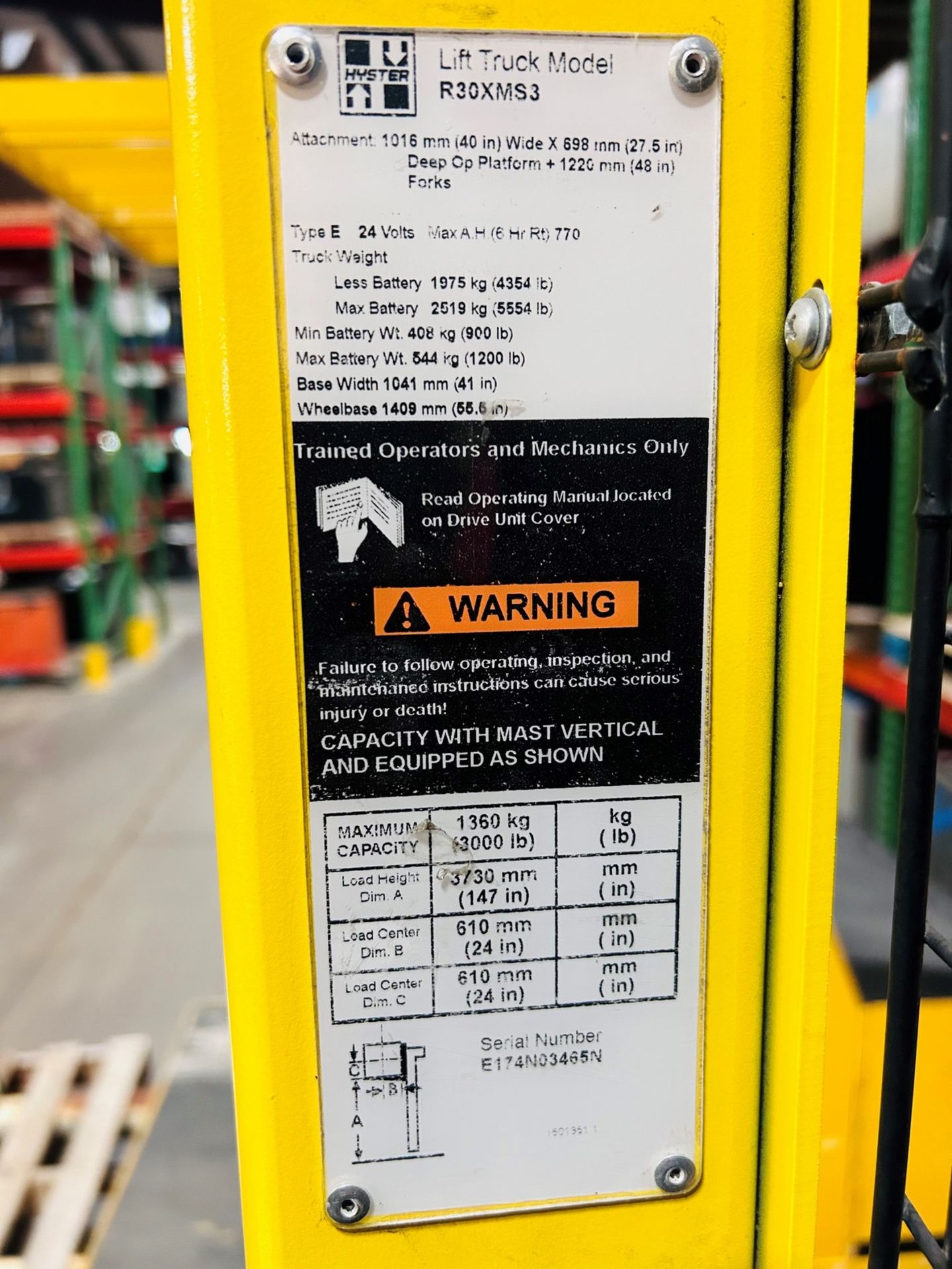 **2015 - 3,000 LB Hyster Model R30XMS3 Electric Order Picker; S/N E174N03465N, Charger Included** - Image 2 of 12