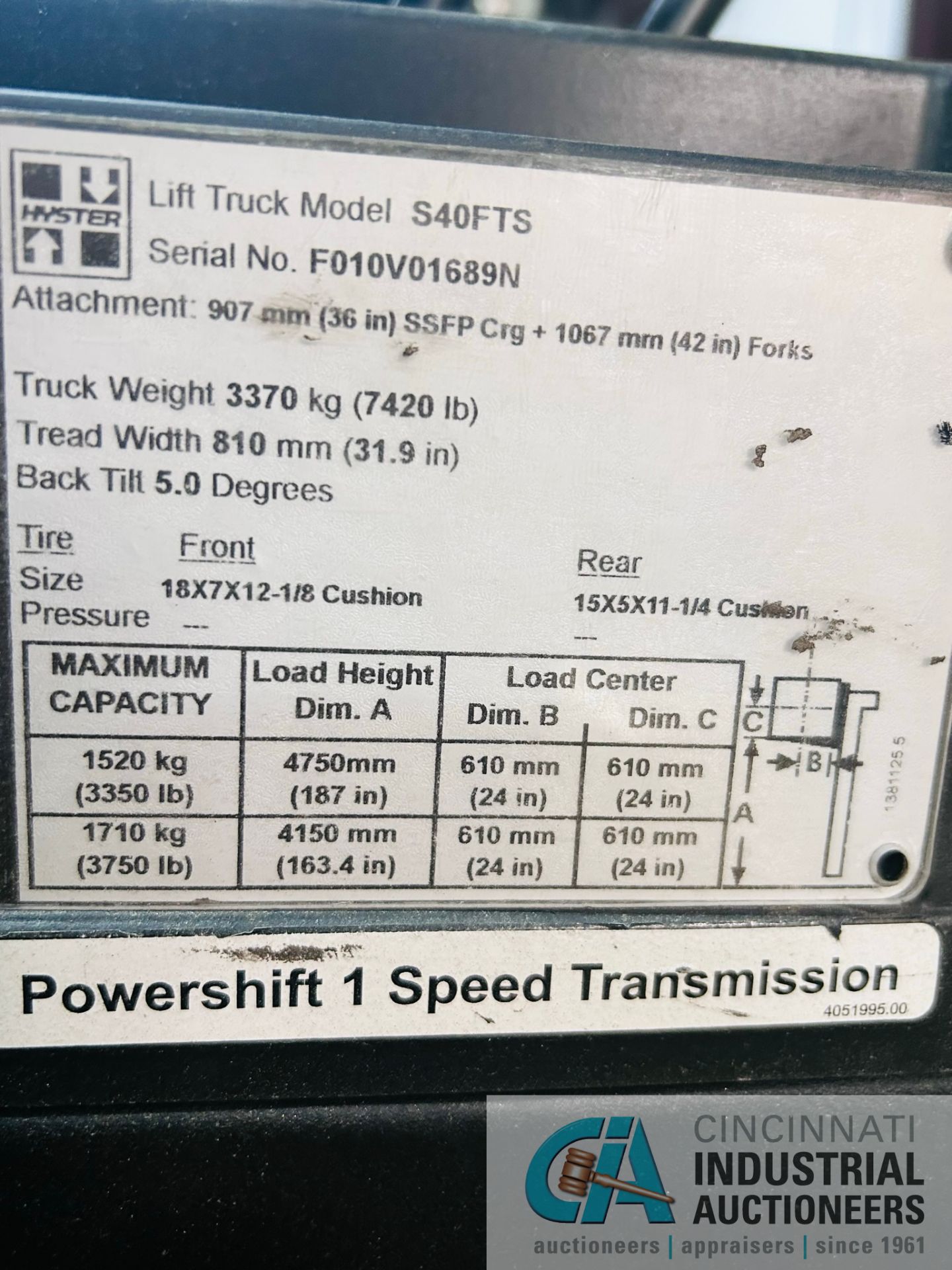 **4,000 LB Hyster Model S40FT LP Gas Lift Truck w/ Box Clamp Attachment; S/N F010V01689N ** Located - Image 10 of 12