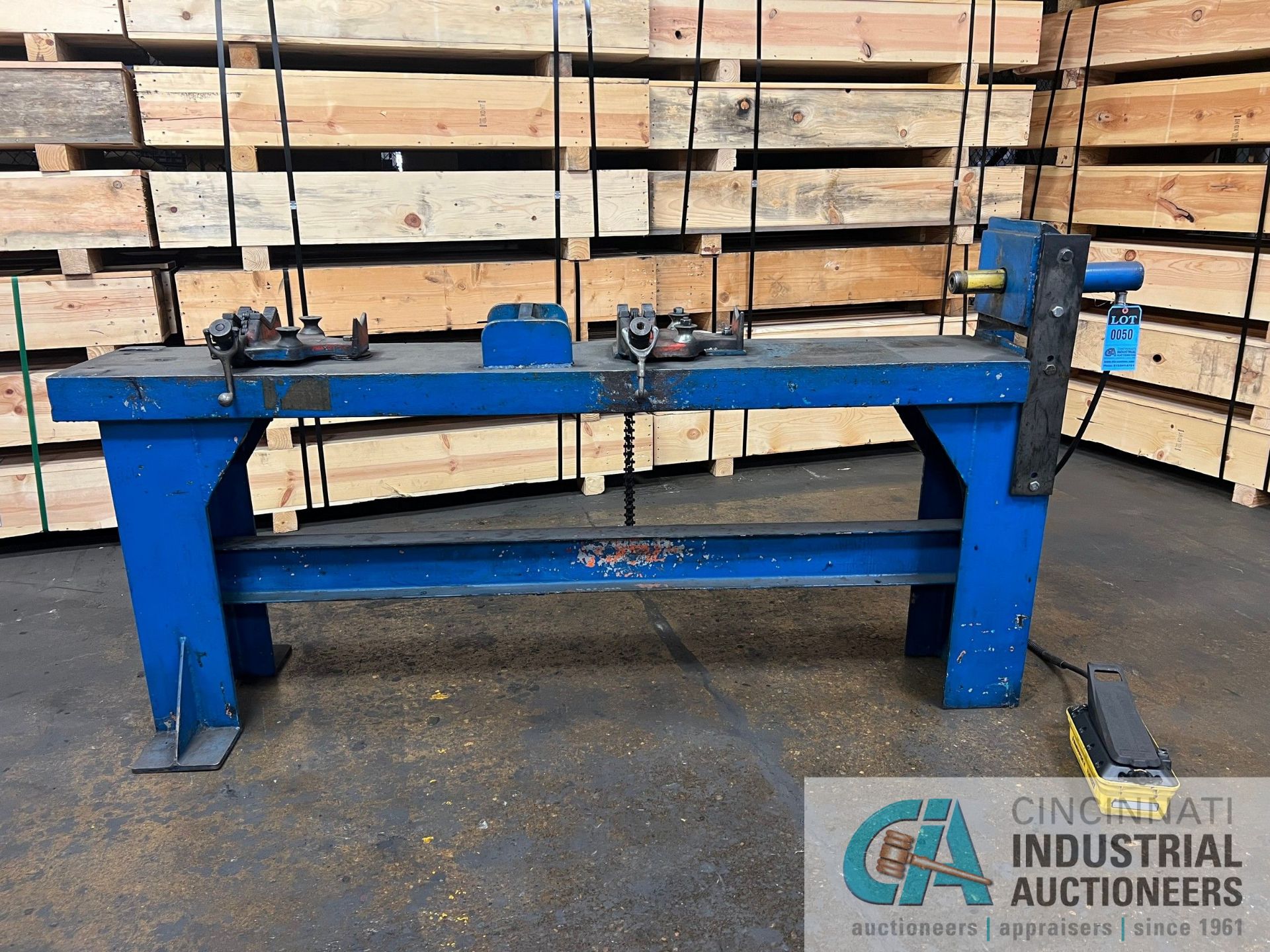 CUSTOM PNUEMATIC HORIZONTAL PRESS WITH 2 RIGID BC-810 VICES AND ENERPAC TURBO II FOOT PEDAL **