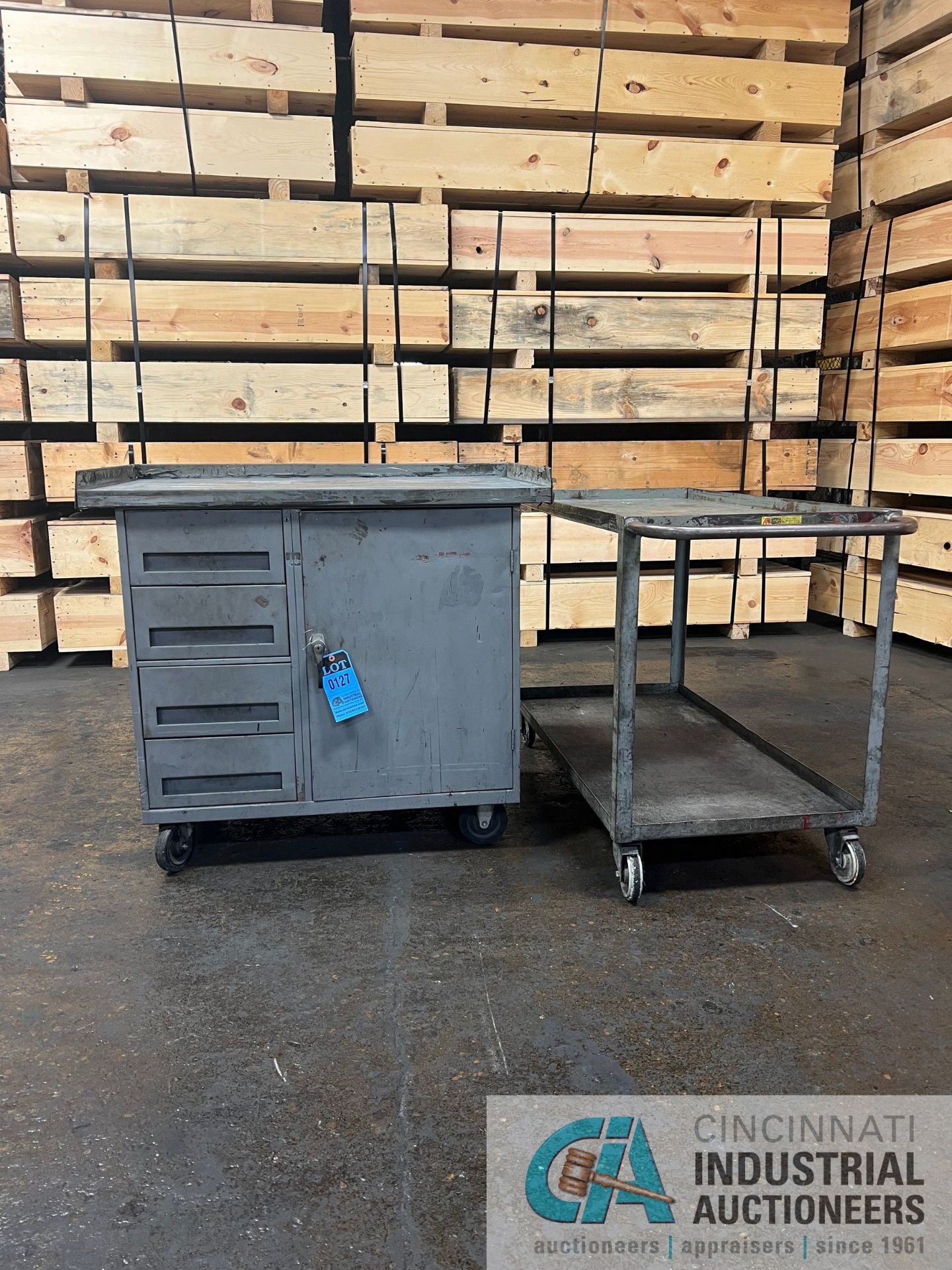 METAL CART ON WHEELS S- 24"W X 48" X 34" TALL AND METAL TABLE ON WHEELS W/ DRAWER 42" W X 24"DEEP