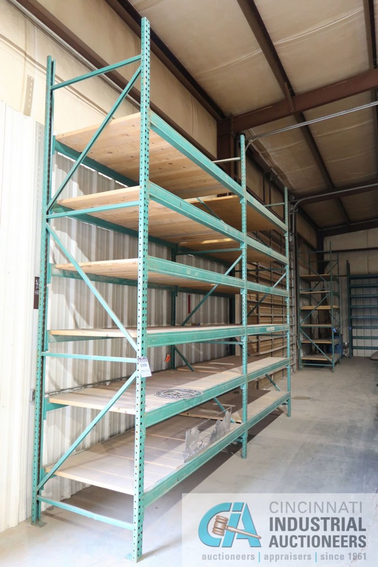 SECTIONS 44" X 90" X 14' HIGH ADJUSTABLE BEAM WOOD DECK PALLET RACK WITH (5) 14' HIGH UPRIGHTS, (36)