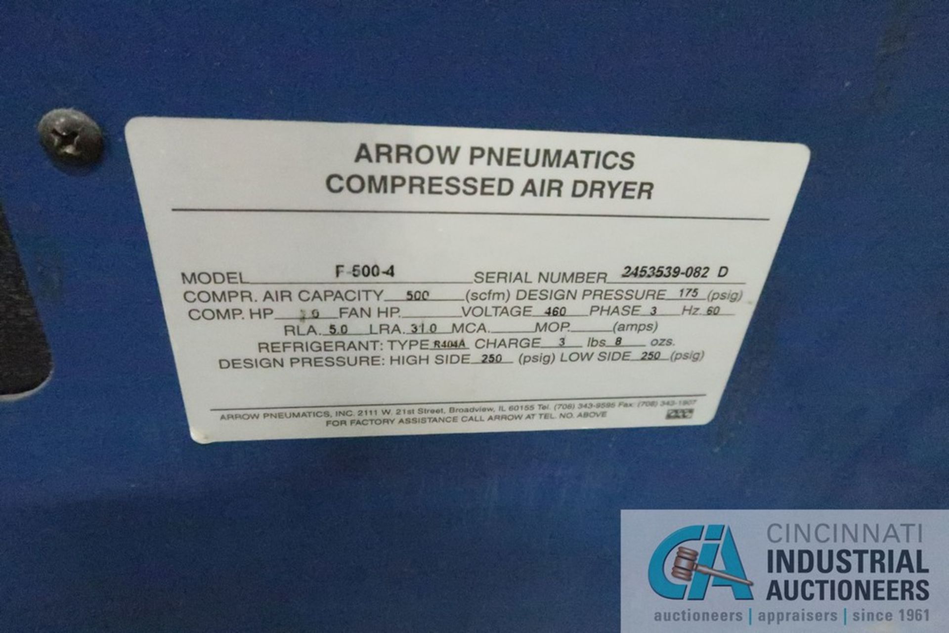 ARROW PNEUMATICS MODEL F-500-4 COMPRESSED AIR DRYER; S/N 2453539-0820 - Image 3 of 3