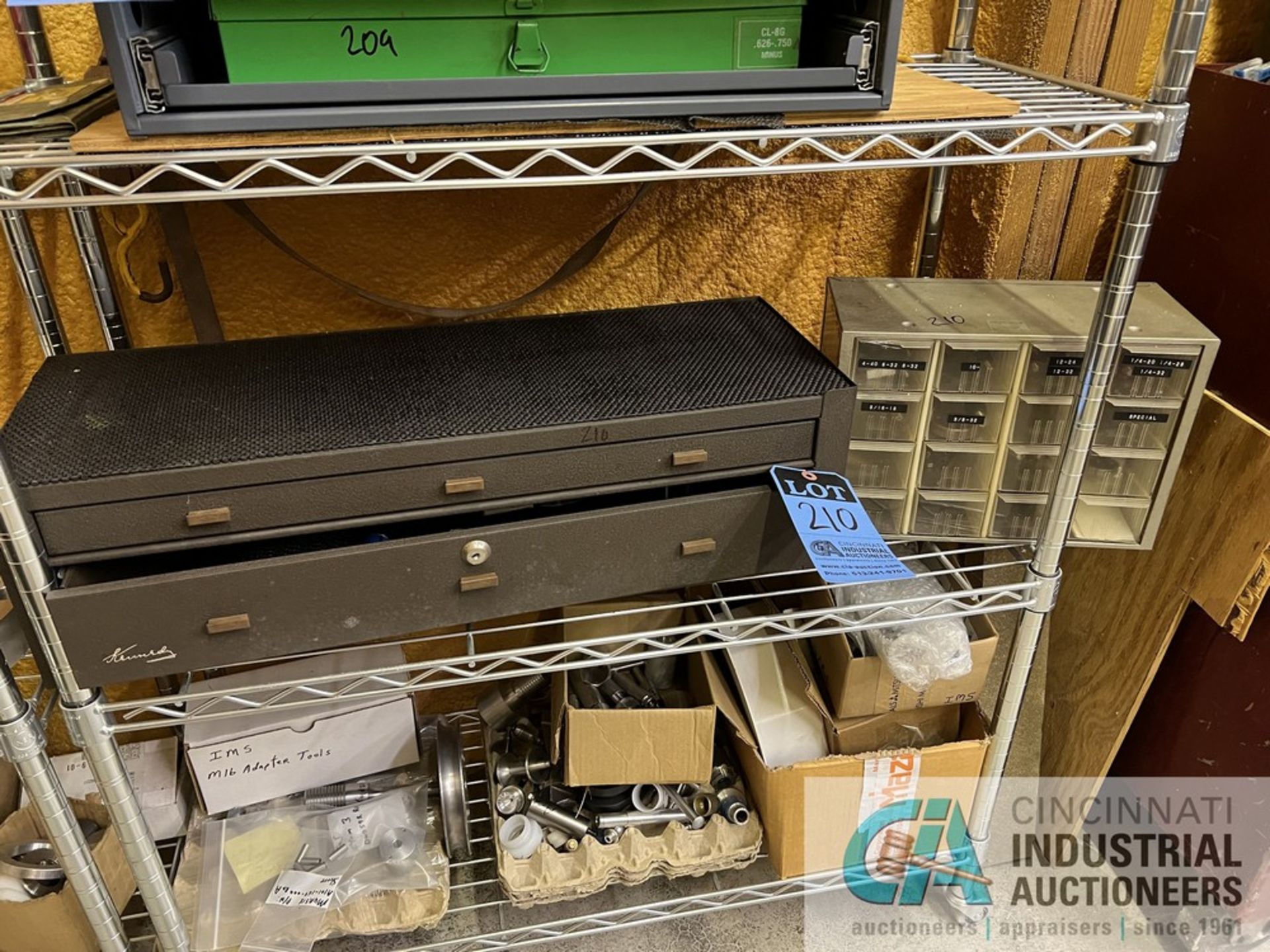 KENNEDY TOOLBOX AND PIGEON HOLE CABINET WITH RING AND THREAD GAGES