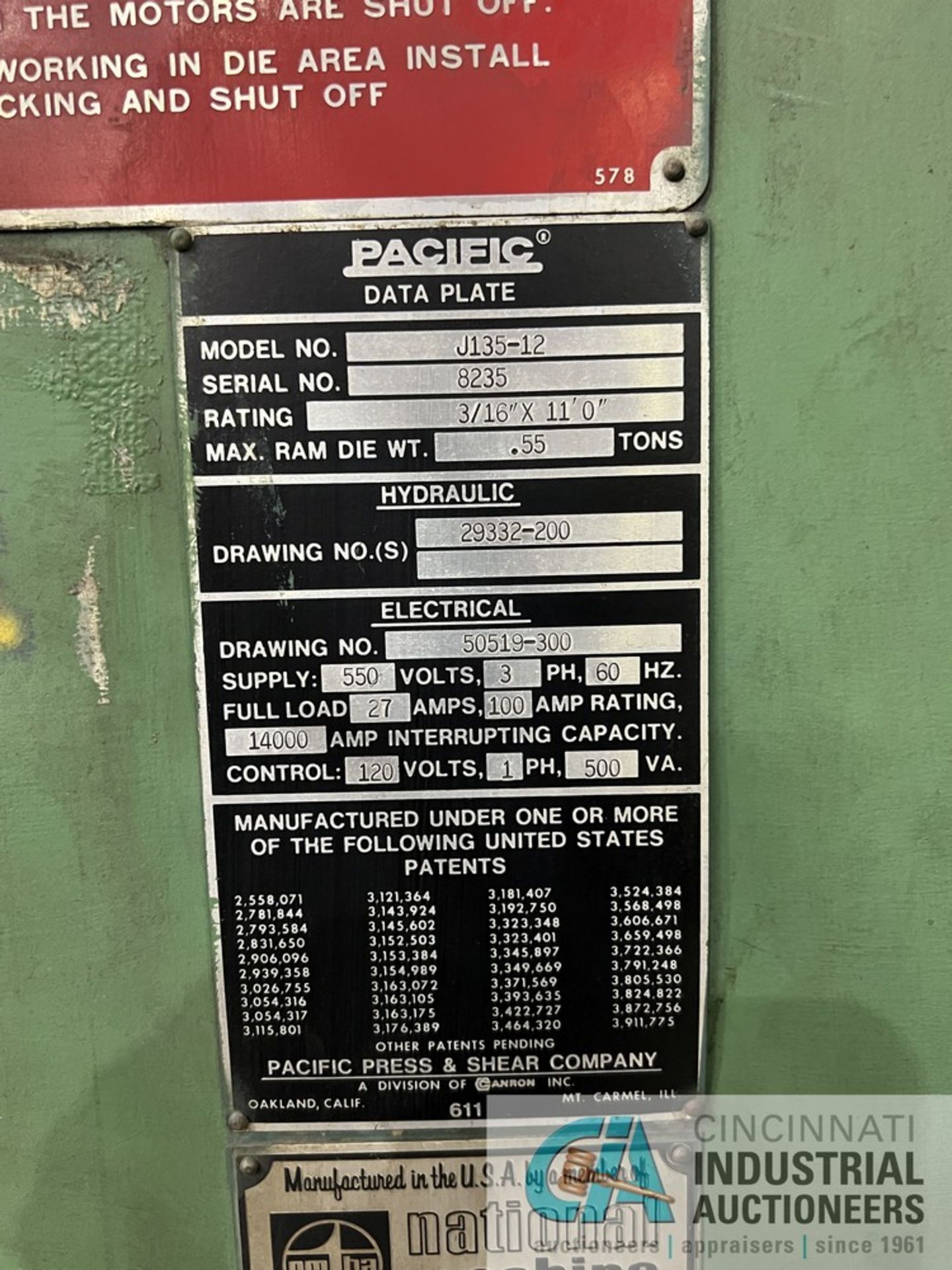 135 TON X 12' PACIFIC MODEL J135-12 HYDRAULIC PRESS BRAKE; S/N 8235, BACK GAGE, HURCO AUTOBEND 7 - Image 5 of 10