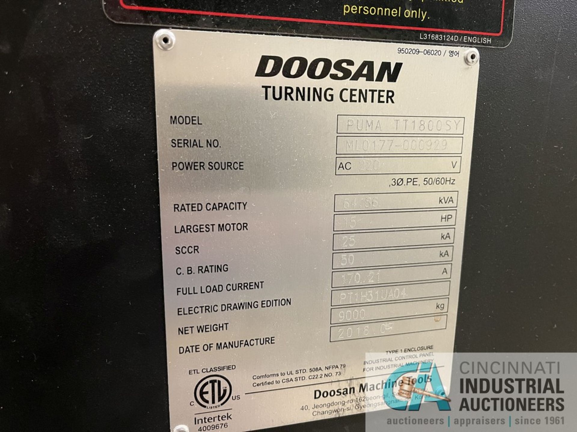 DOOSAN MODEL TT1800SY DUAL SPINDLE LIVE TOOL CNC LATHE; S/N ML0177-000929 (NEW 7/2016), DISTANCE - Image 16 of 17