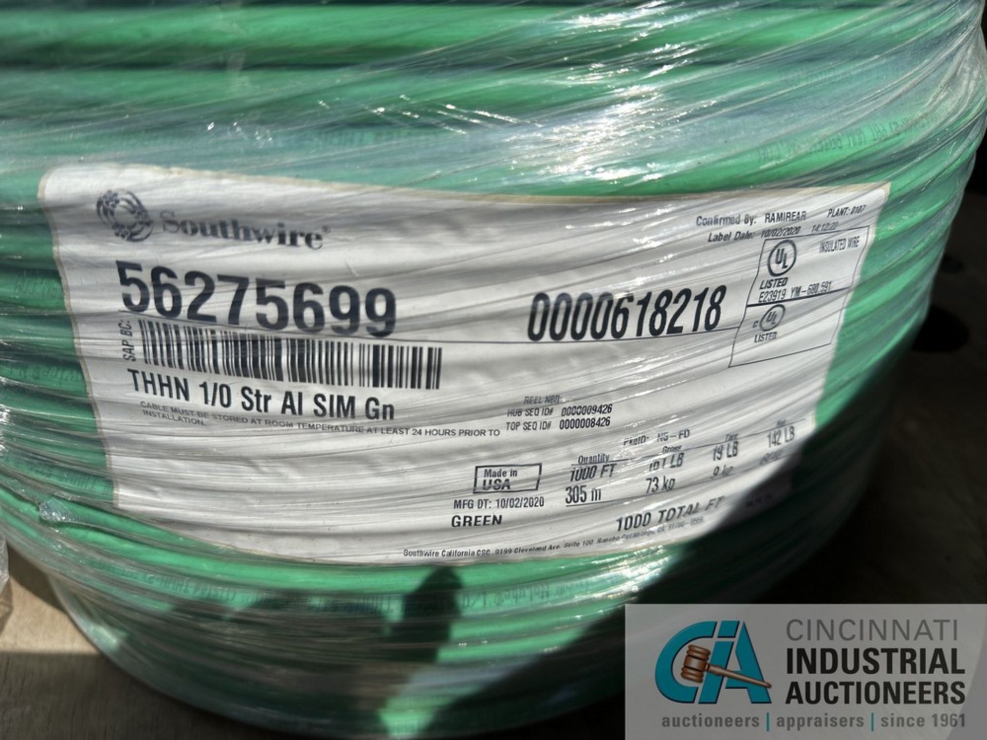 (5) SPOOLS, APPROX. 5,000' ALUMINUM WIRE, GREEN, 1/0 THHN, Lengths are estimates only, no claim - Image 2 of 3