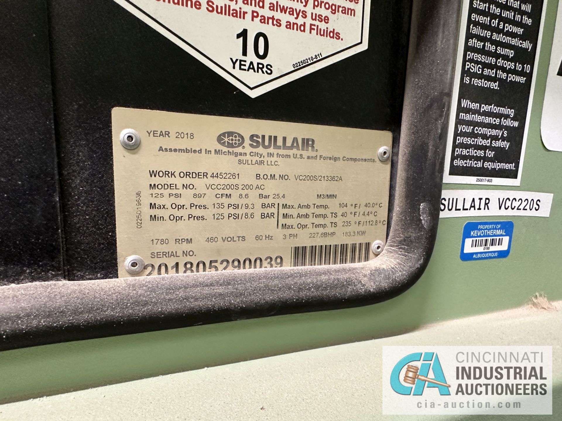 200 H.P. SULLAIR MODEL VCC2005 ROTARY SCREW AIR COMPRESSOR S/N 201805290039 3 PHASE, 460 VOLTS, 1780 - Image 3 of 7