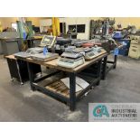 (2) 60" X 60" WOOD TOP TABLES, (1) WITH VISE, (1) 36" X 72" WOOD TOP WORKBENCH