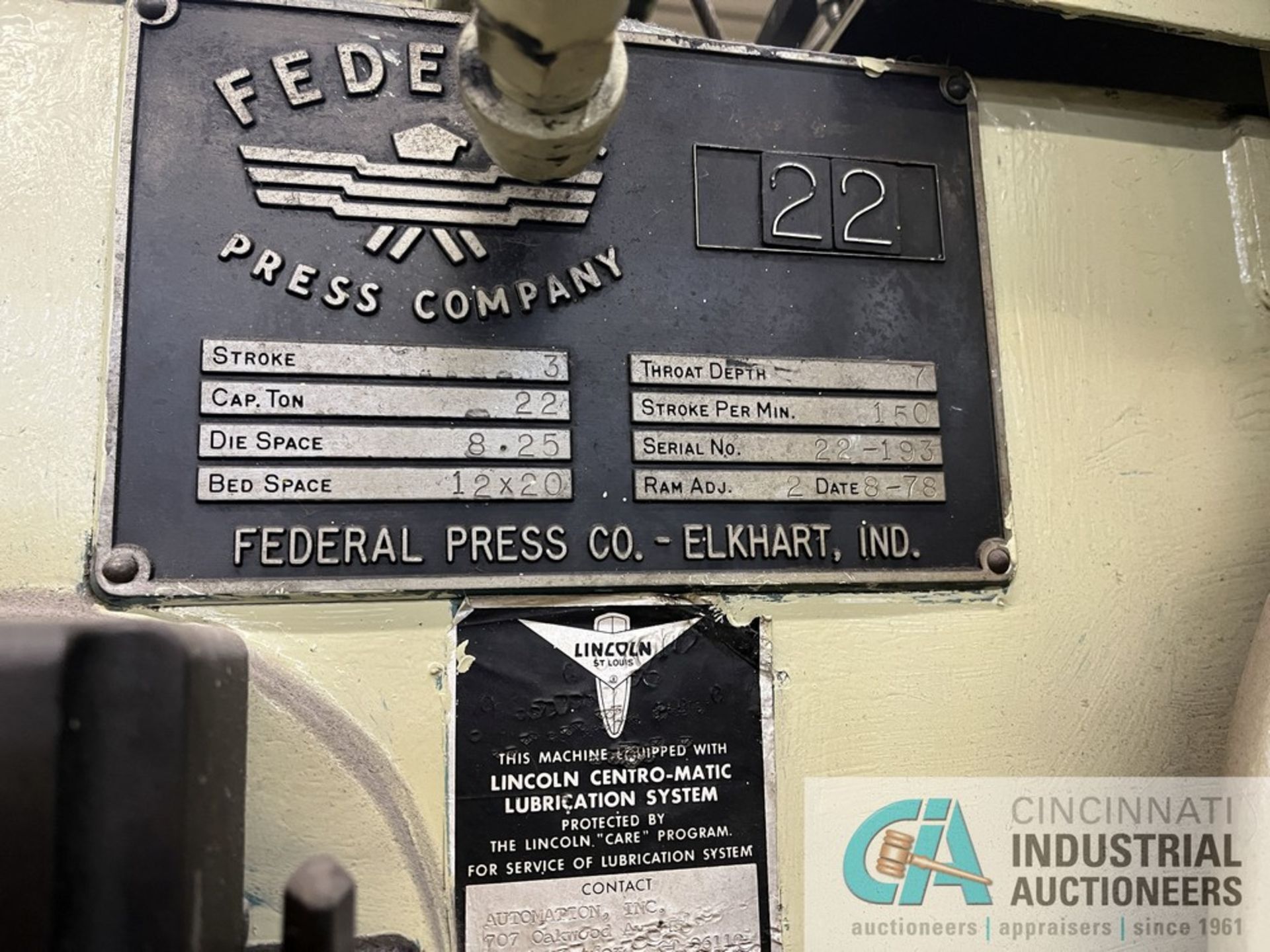 22 TON FEDERAL NO. 22 OBI PRESS; S/N 22-193 (1978) 3" STROKE, BED AREA 12" X 20", 10" X 12" RAM - Image 13 of 13