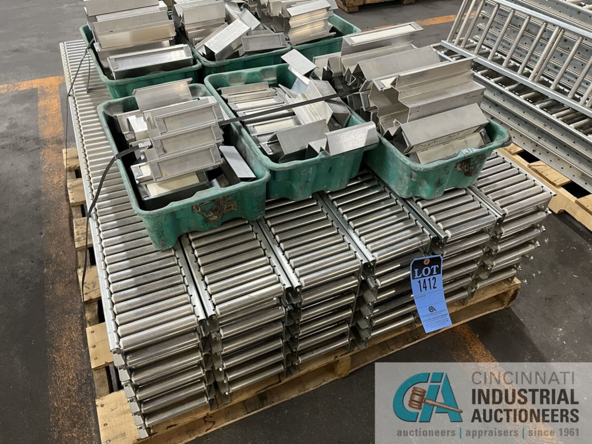 SKID OF 5" ALUMINUM ROLLER CONVEYOR; 55" LENGTH, (36) SECTIONS, BOX OF HANGERS BANDED ON SKID