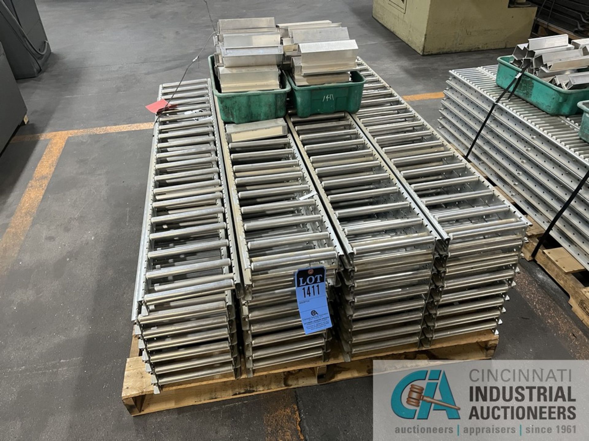 SKID OF 8" ALUMINUM ROLLER CONVEYOR; 55" LENGTH, (31) SECTIONS BOX OF HANGERS BANDED ON SKID