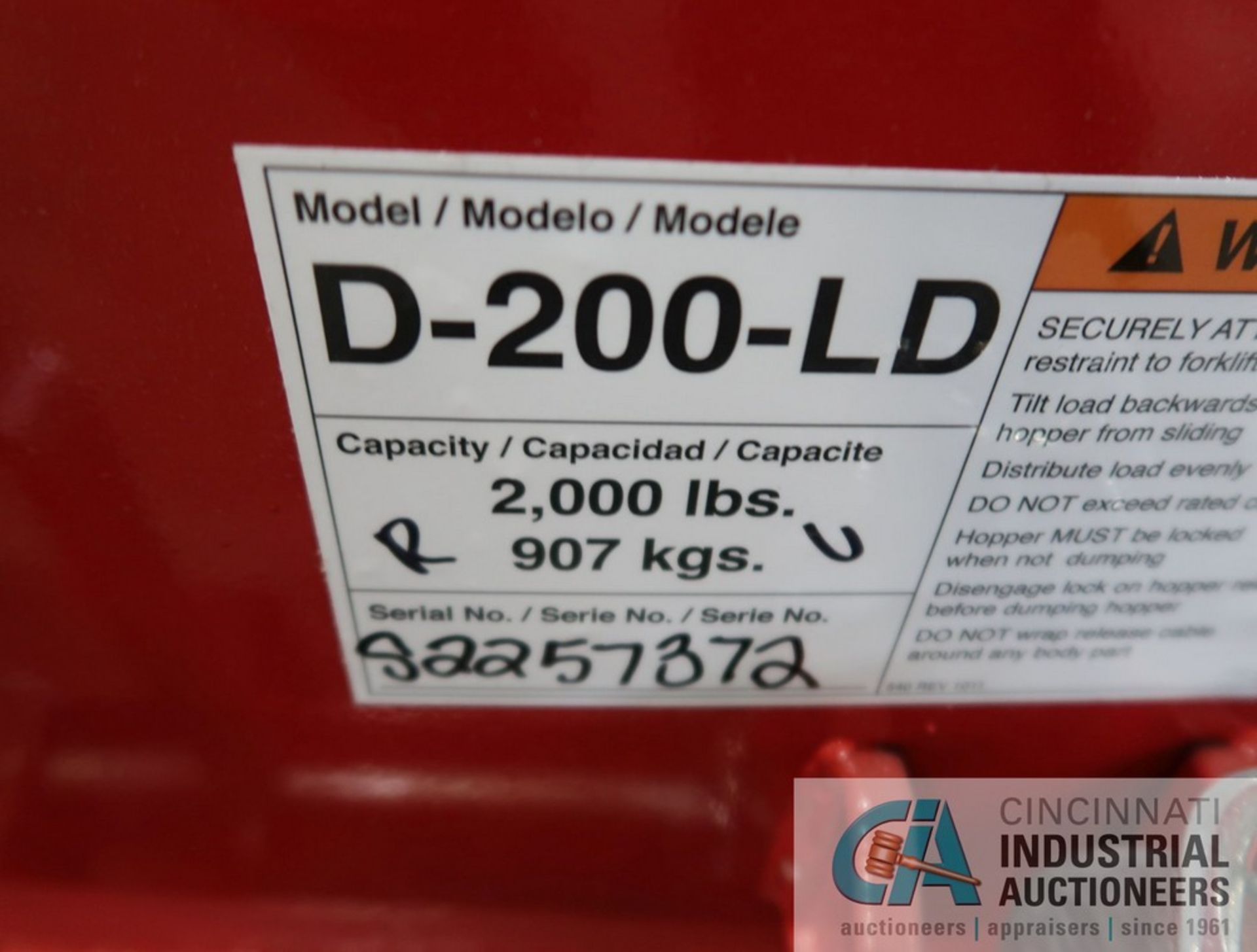 2,000 LB. CAPACITY ULINE MODEL D-200-LD SELF DUMPING HOPPER - Image 4 of 4
