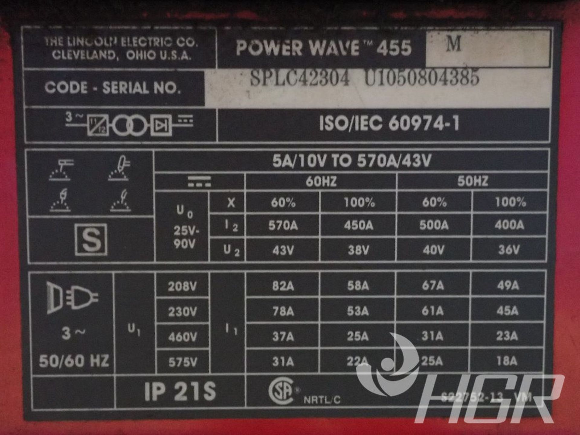 LINCOLN ELECTRIC WELDER, Model POWER WAVE 455M, Date: n/a; s/n SPLC42304401050804385, Approx. - Image 8 of 8