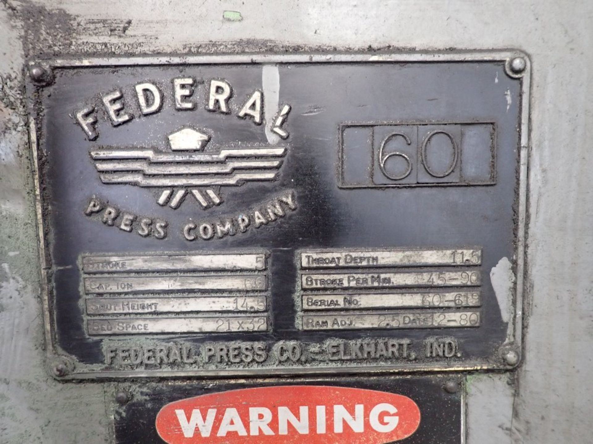FEDERAL OBI PRESS, Model 60, Date: n/a; s/n 60-619, Approx. Capacity: 60 TONS, Power: n/a, - Image 3 of 21