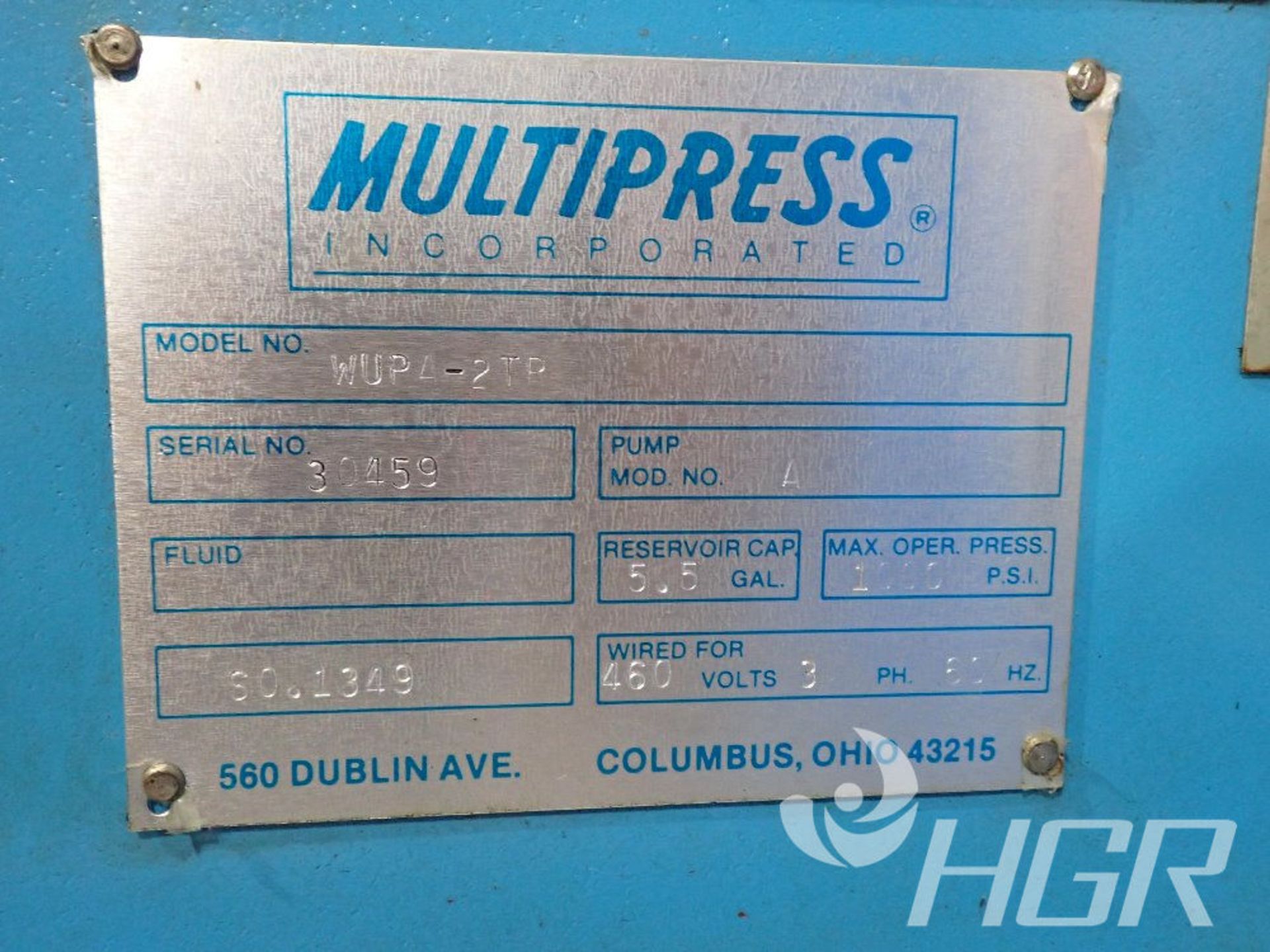 MULTIPRESS PRESS, Model WUPA-2TR, Date: n/a; s/n 30459, Approx. Capacity: n/a, Power: 3/60/460, - Image 5 of 18