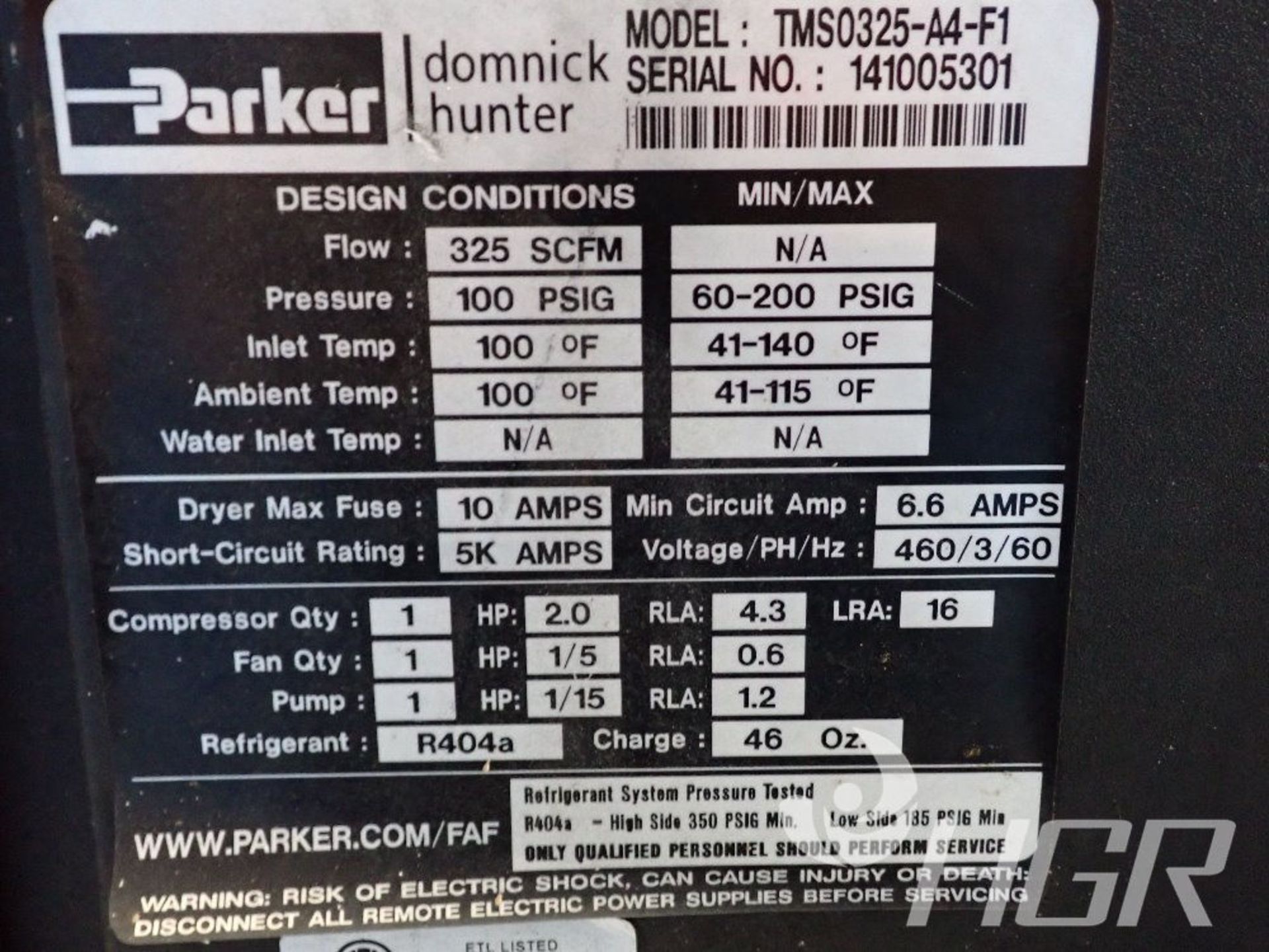 PARKER AIR DRYER, Model TMS0325-A4-F1, Date: n/a; s/n 141005301, Approx. Capacity: 325SCFM, Power: - Image 8 of 9