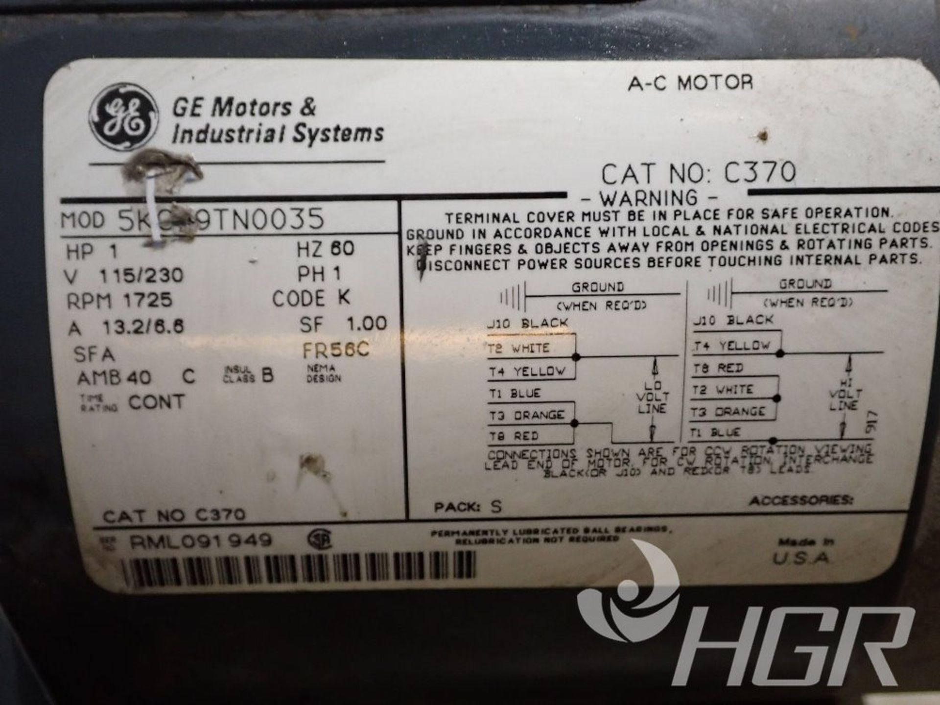 GE MOTOR, Model 5K949TN0035, Date: n/a; s/n n/a, Approx. Capacity: 1HP, Power: 1/60/115/230, - Image 4 of 6