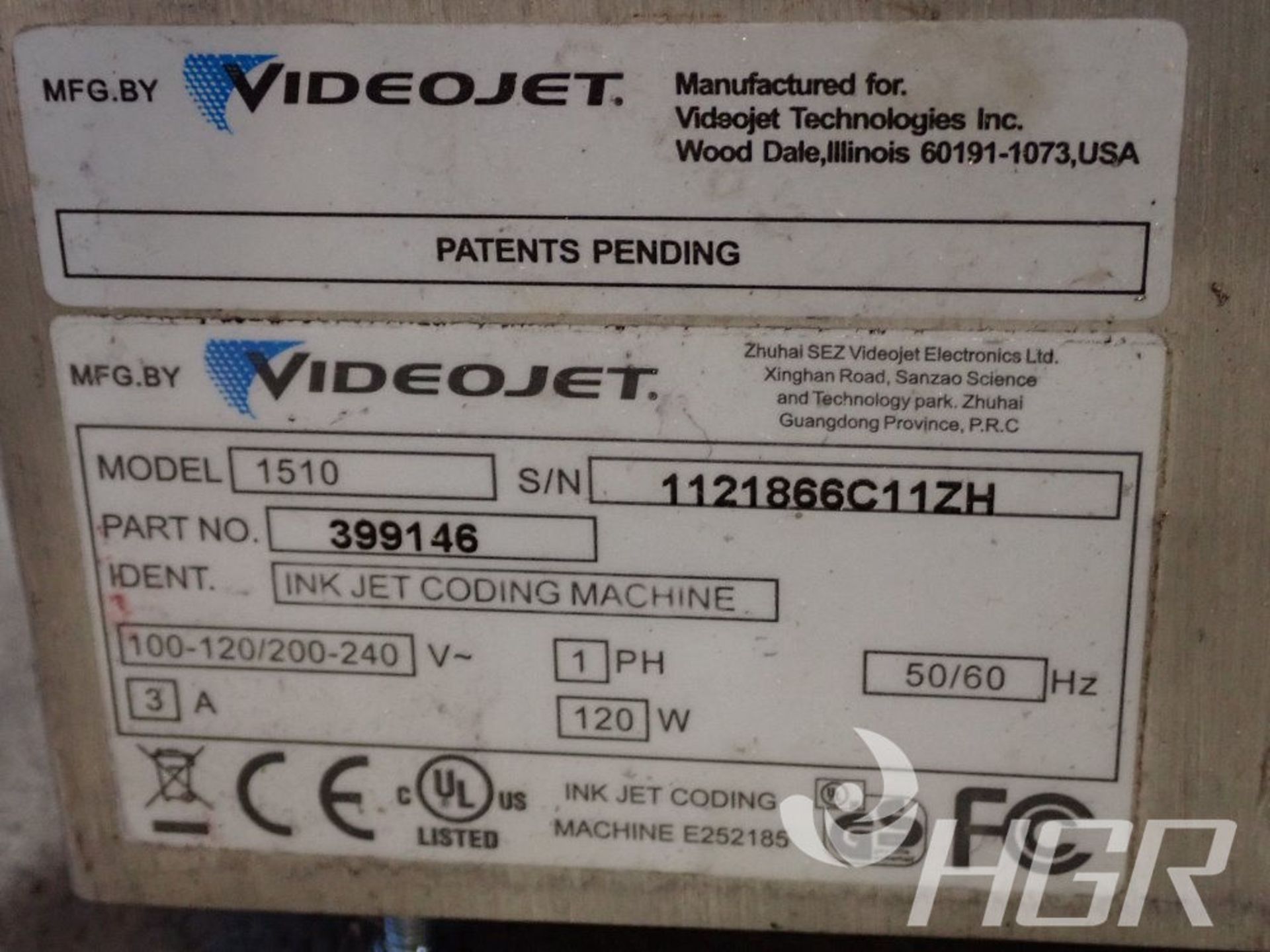 VIDEOJET INKJET CODING MACHINE, Model 1510, Date: n/a; s/n 1121866C11ZH, Approx. Capacity: n/a, - Image 3 of 17